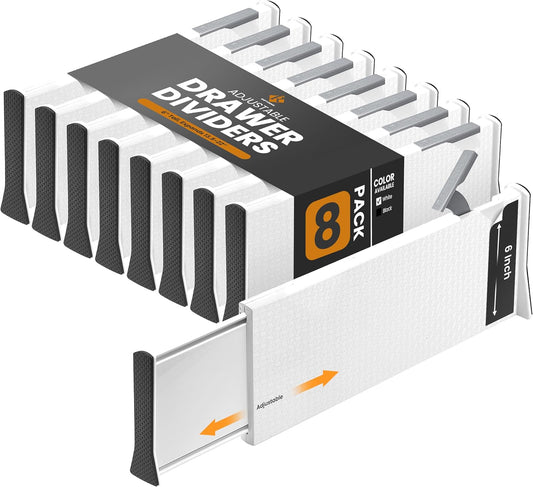 RAPTUROUS Adjustable Deep Drawer Divider – 6" Tall, Expandable 13-22", 8-Pack, Non-Slip Drawer Dividers for Clothes, Dresser, Kitchen & Office Organization (White)