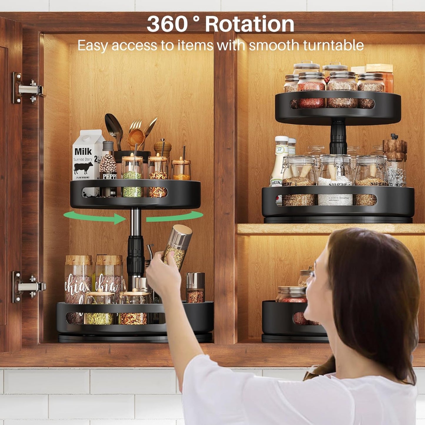 Lazy Susan Organizer Spice Rack - 2 Tier Height Adjustable Spice Organization for Cabinet, Metal Seasoning Organizer Lazy Turntable Spice Organizer for Table Top Pantry Kitchen Storage (10 inch)