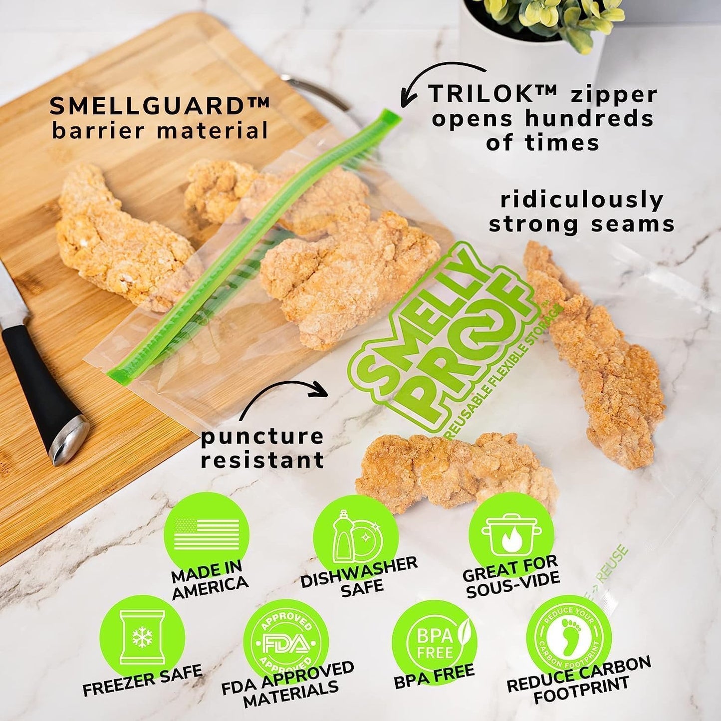 Reusable Storage Bags for Food by Smelly Proof Bags - MADE IN USA, Easy Clean, Dishwasher-Safe, BPA FREE, NO PEVA, XXL 3-mil 2-Gallon Thick Bags, Extra Large Clear FLAT 12" x 16" 15-Pack