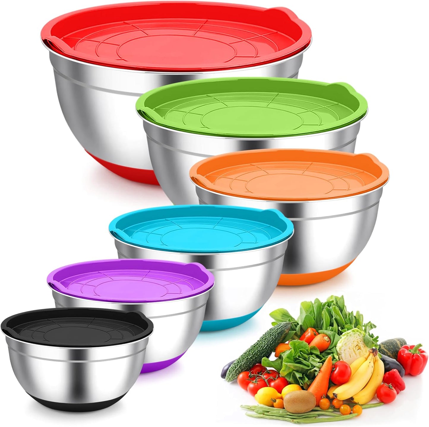 TeamFar Mixing Bowls, Stainless Steel Mixing Bowls with Lids, Nesting Salad Bowls with Air-tight Lids & Non-slip Bottom, Dishwasher Safe & Stackable, Set of 6-4.6/2.6/2 / 1.5/1 / 0.7 Qt
