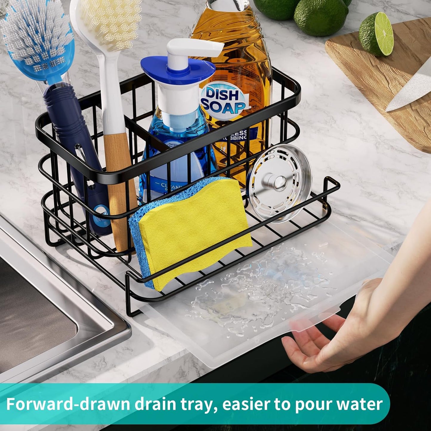 HapiRm Kitchen Sink Organizer, SUS304 Stainless Steel Rustproof Multifunctional Sink Caddy with Sponge Holder and Drain Tray for Kitchen Countertop (Black)