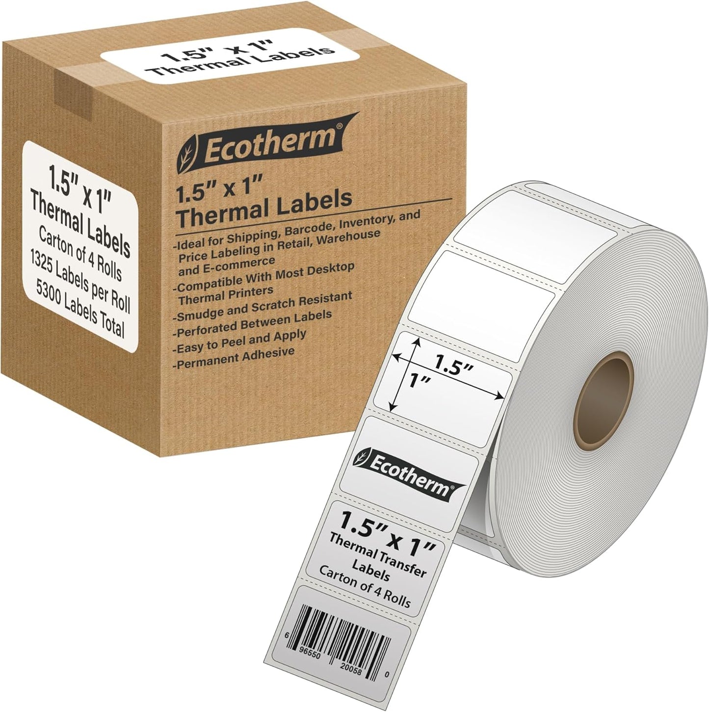 1.5" x 1" Thermal Labels | 4 Rolls | 5300 Labels | fits Zebra, Godex, Arkscan, iDPRT, Offnova Thermal Label Printers and More | Blank White Adhesive Stickers by Ecotherm