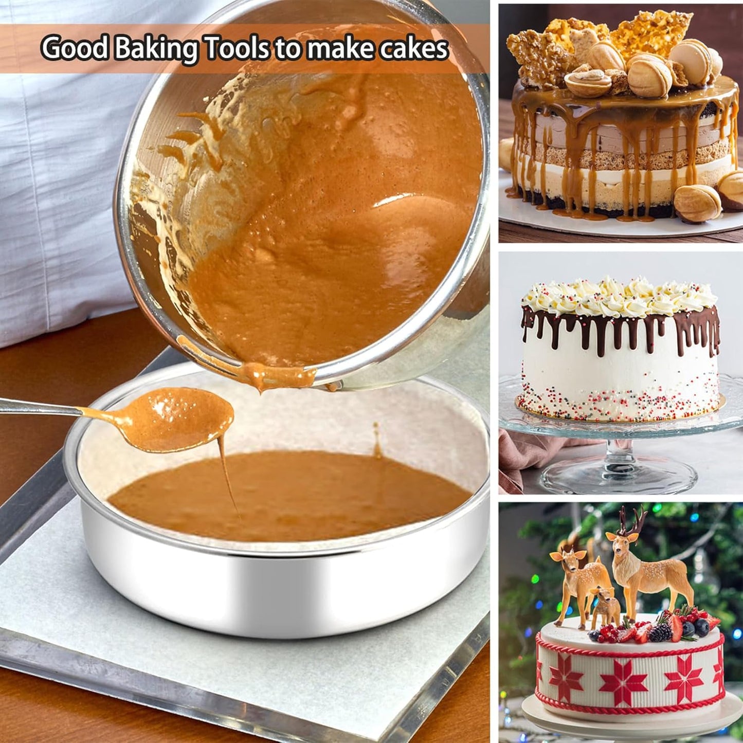 P&P CHEF 8 Inch Round Cake Pan Set of 3, Stainless Steel Round Baking Layer Pans Bakeware for Layer Birthday Cake, Fit Oven/Pots/Pressure Cooker, Leakproof & Dishwasher Safe, Silver