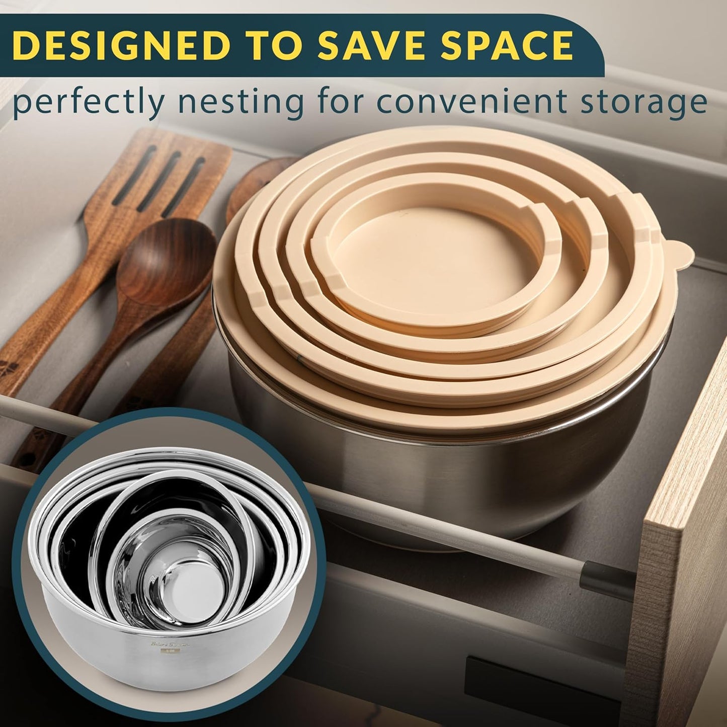 Stainless Steel Mixing Bowls with Lids Set, 5 Sizes, 3 Graters, Non-Slip Base, Airtight Lids, Metal Mixing Bowls for Kitchen, Food Prep, Storage, 0.63QT-5QT, Khaki