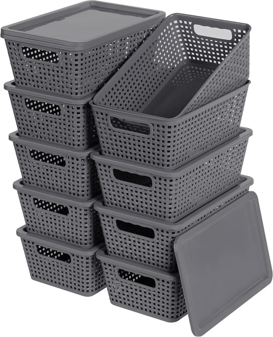 Plastic Storage Baskets With Lid, Storage Bins for Organizing, Stackable Decorative Containers for Shelves Drawers Desktop Closet Playroom Classroom Office,10 Pack-Grey