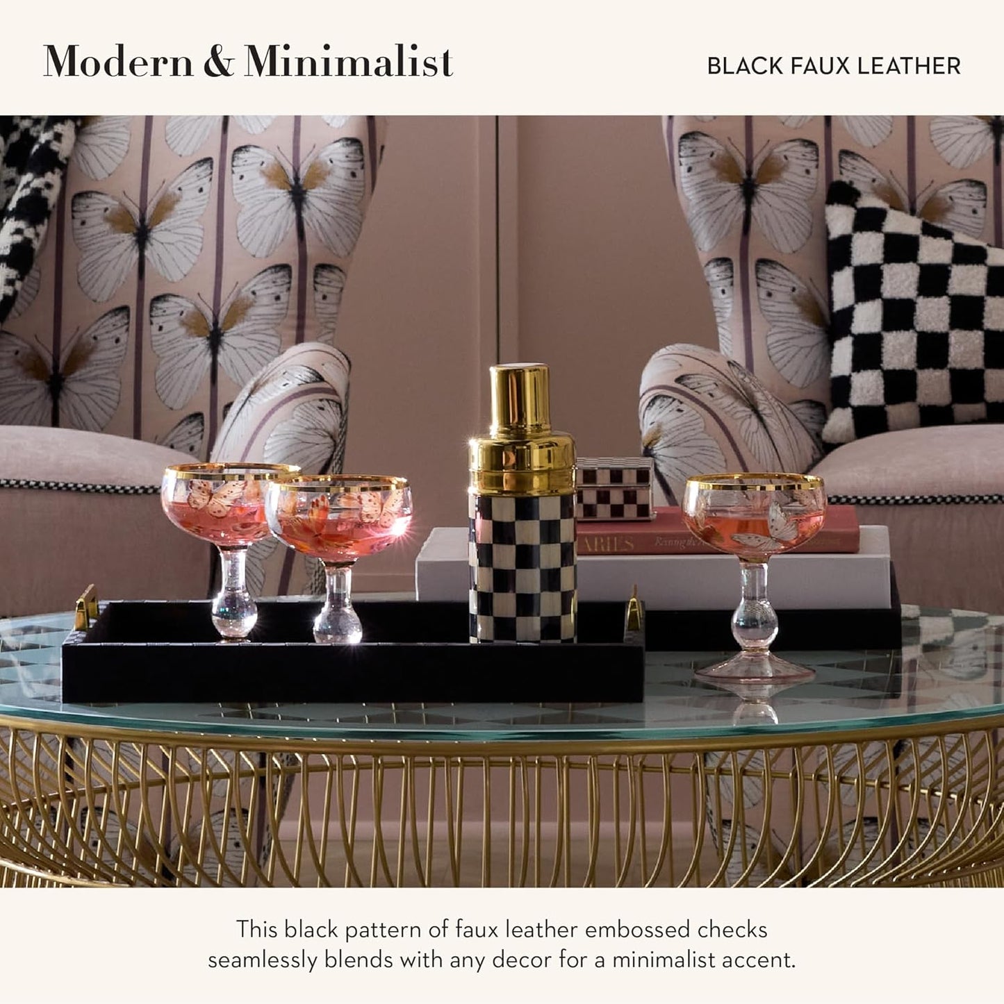 MACKENZIE-CHILDS Black Faux-Leather Tray with Handles, Rectangular Tray for Serving, Large