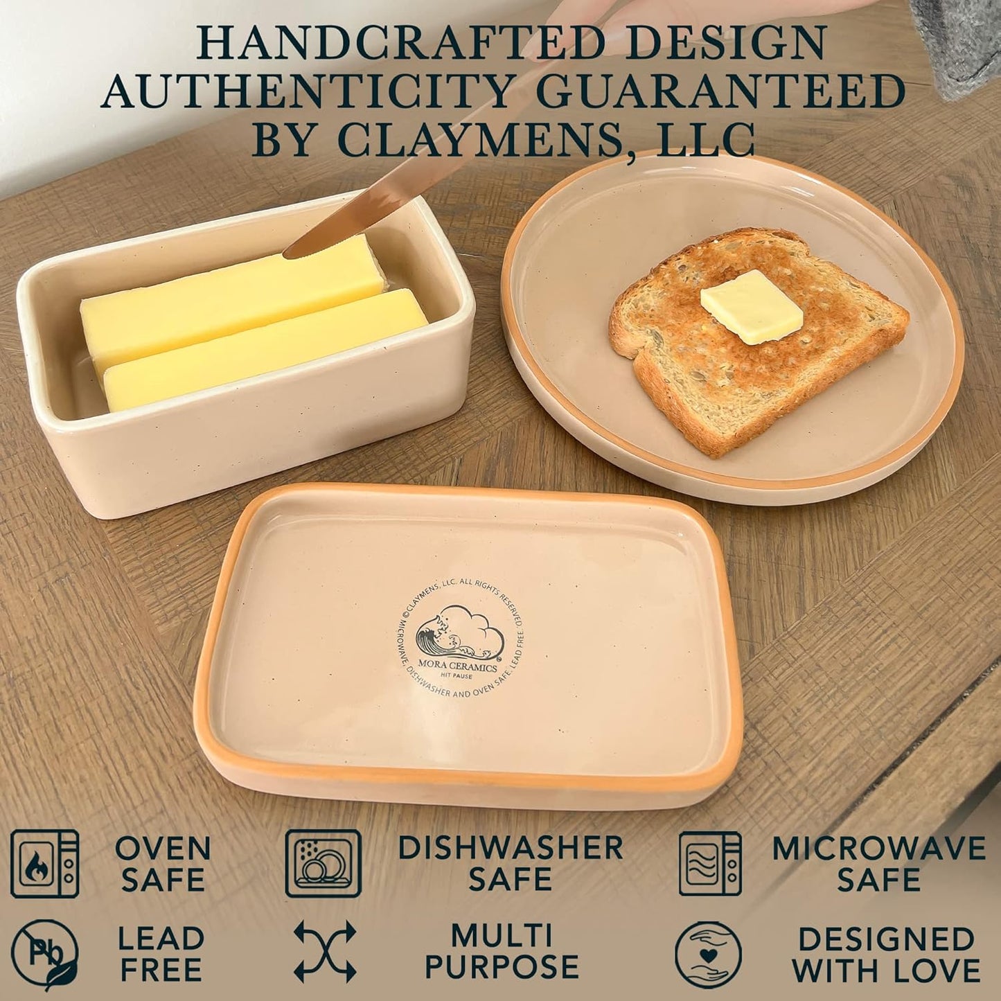 Mora Ceramic Two-in-One Butter Dish with Lid, Covered Butter Crock Container to Leave on Countertop - Large Storage Keeper/Holder for Kitchen, Gifts for Her, Butter Tray For Counter - Chai