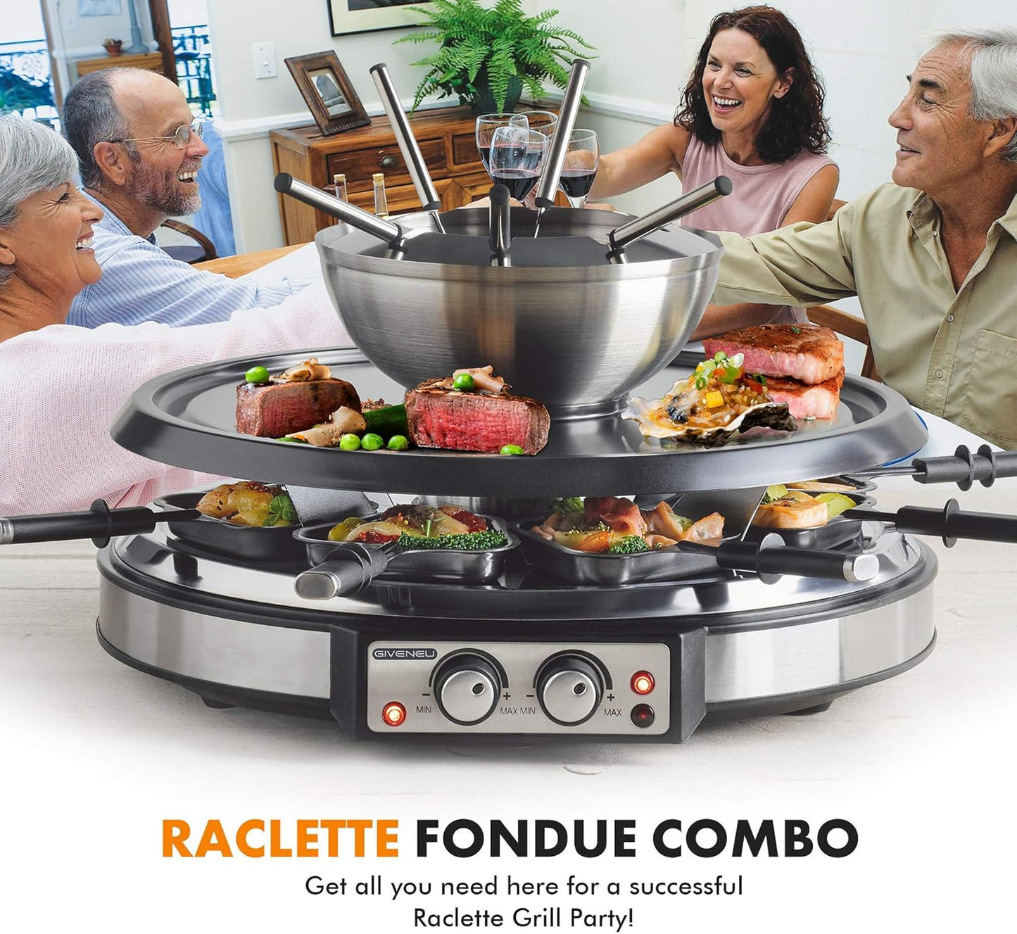 Electric Fondue Pot Sets with Barbecue Grill, 600ml Fondue Pot with 8 Forks and Electric Raclette, Dual Adjustable Thermostats, Perfect Fondue Grill Combo for Family Fun