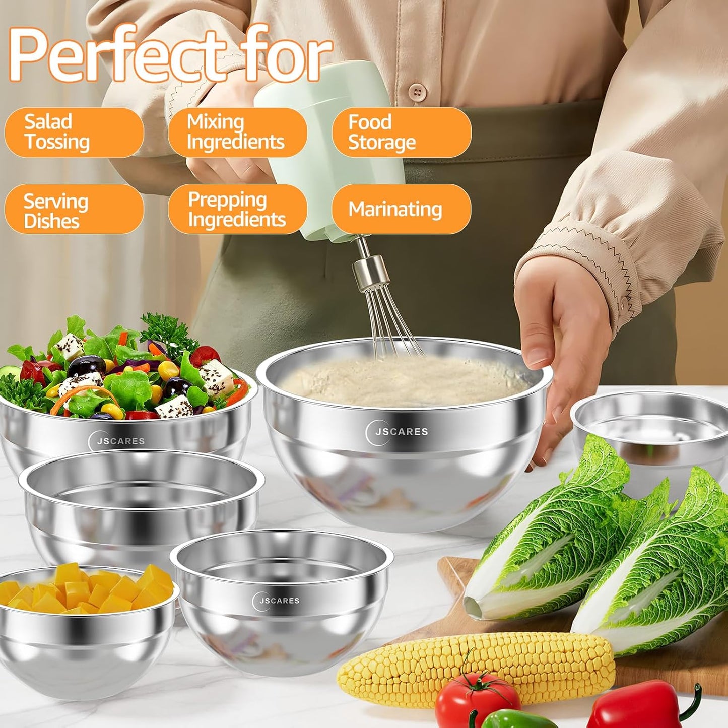 Mixing Bowls with Colorful Airtight Lids, 6 Piece Stainless Steel Metal Bowls with 3 Grater Attachments, Size 4.5, 3.5, 2.1, 1.5, 1.1, 0.7 QT