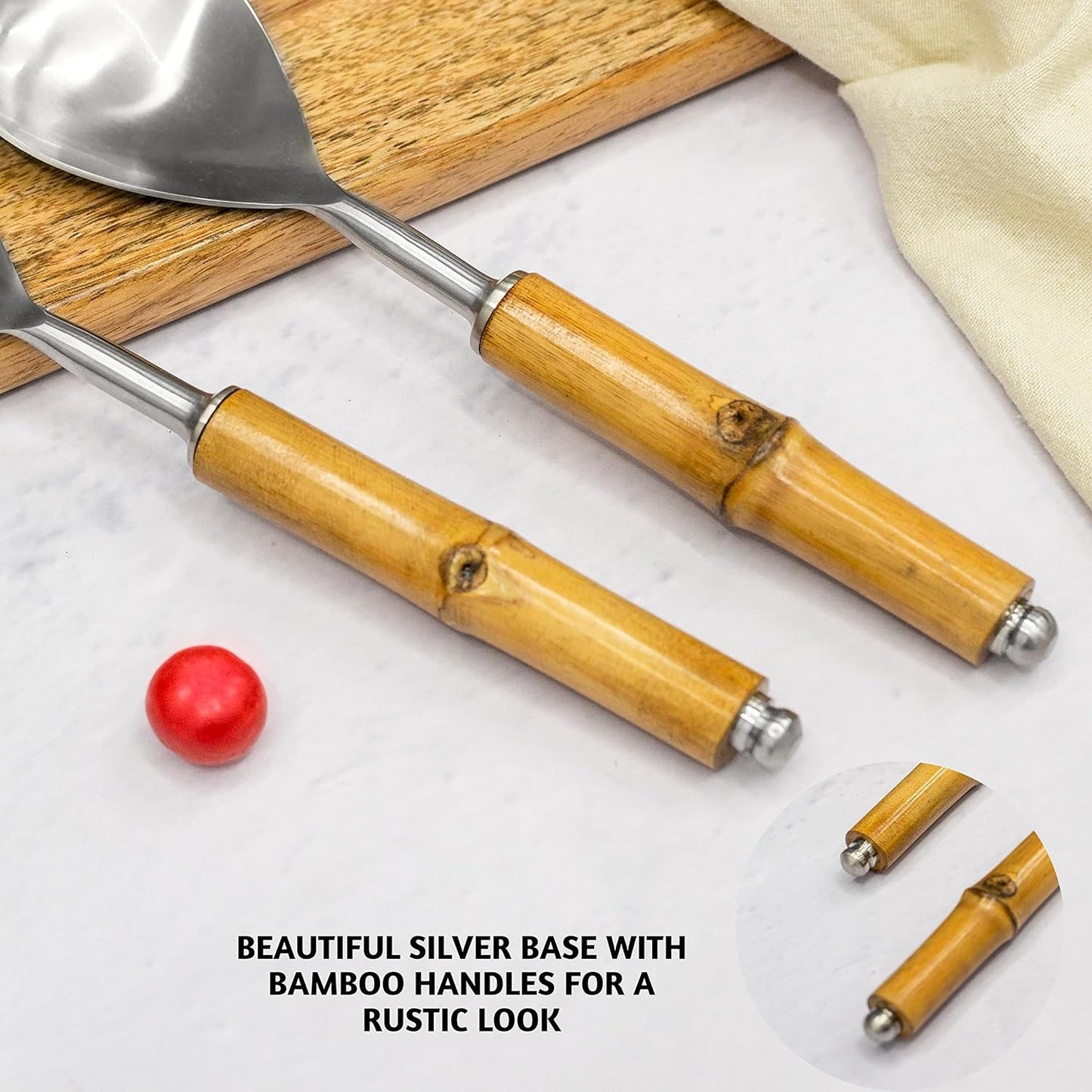 Folkulture Serving Utensils for Modern Cooking, Stainless Steel Salad Servers or Tongs, 12 Inch Tosser, Spoon and Fork Set With Bamboo Handle, Silver