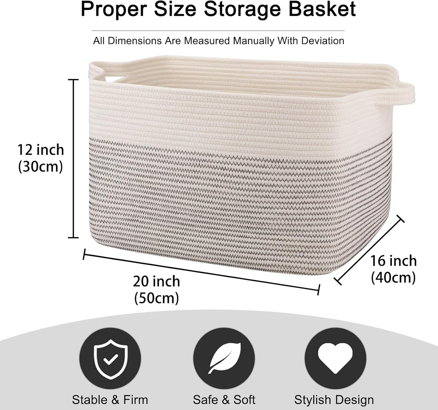 OIAHOMY 65L Blanket Basket, Cotton Rope Woven Blanket storage for Living Room, Rectangle Woven Baskets for Storage, 20''×16''×12'', Black and White