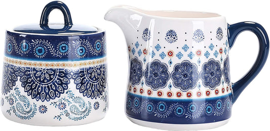 Bico Blue Talavera Ceramic Sugar and Creamer Set, Sugar Bowl with Lid, Cute Container for Coffee Bar, Kitchen Countertop Accessories, Microwave and Dishwasher Safe