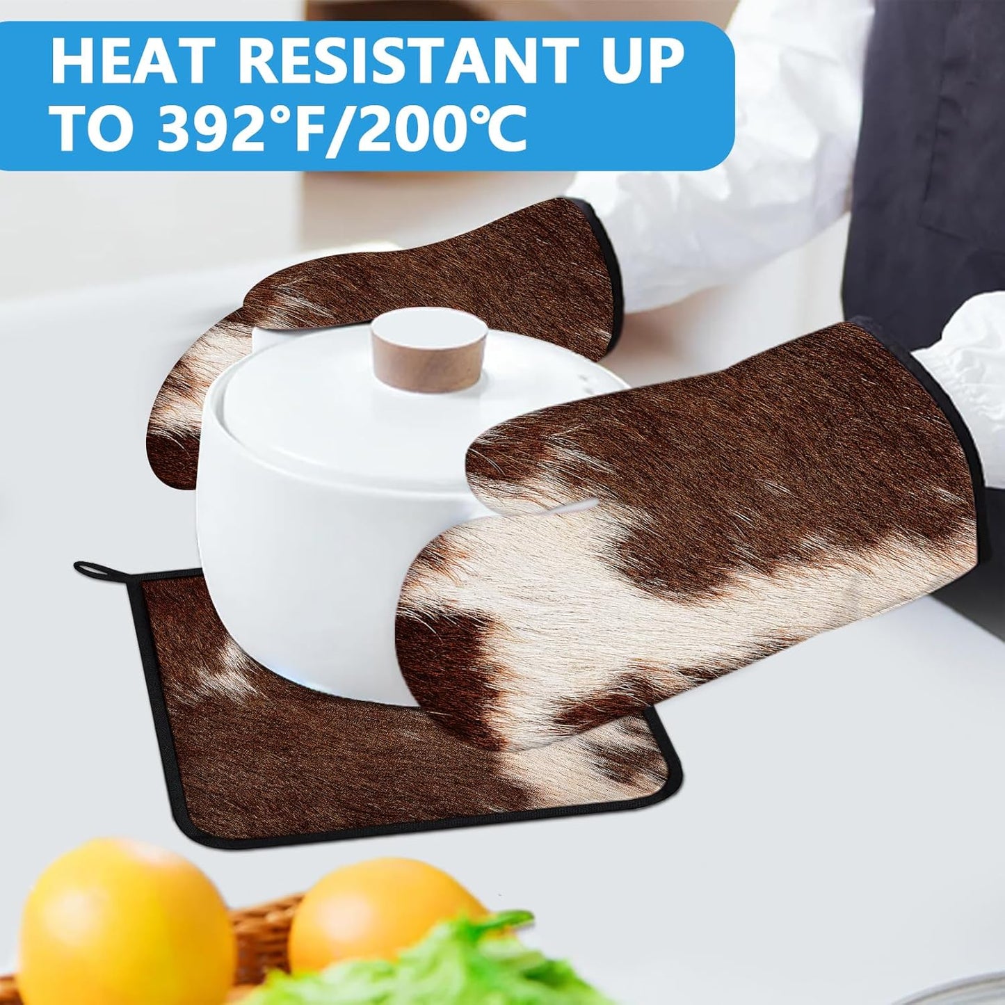 Brown Cow Print Oven Mitts and Pot Holders Sets Heat Resistant 4Pcs Potholders Oven Gloves Hot Pads for Kitchen Baking Cooking Grilling BBQ