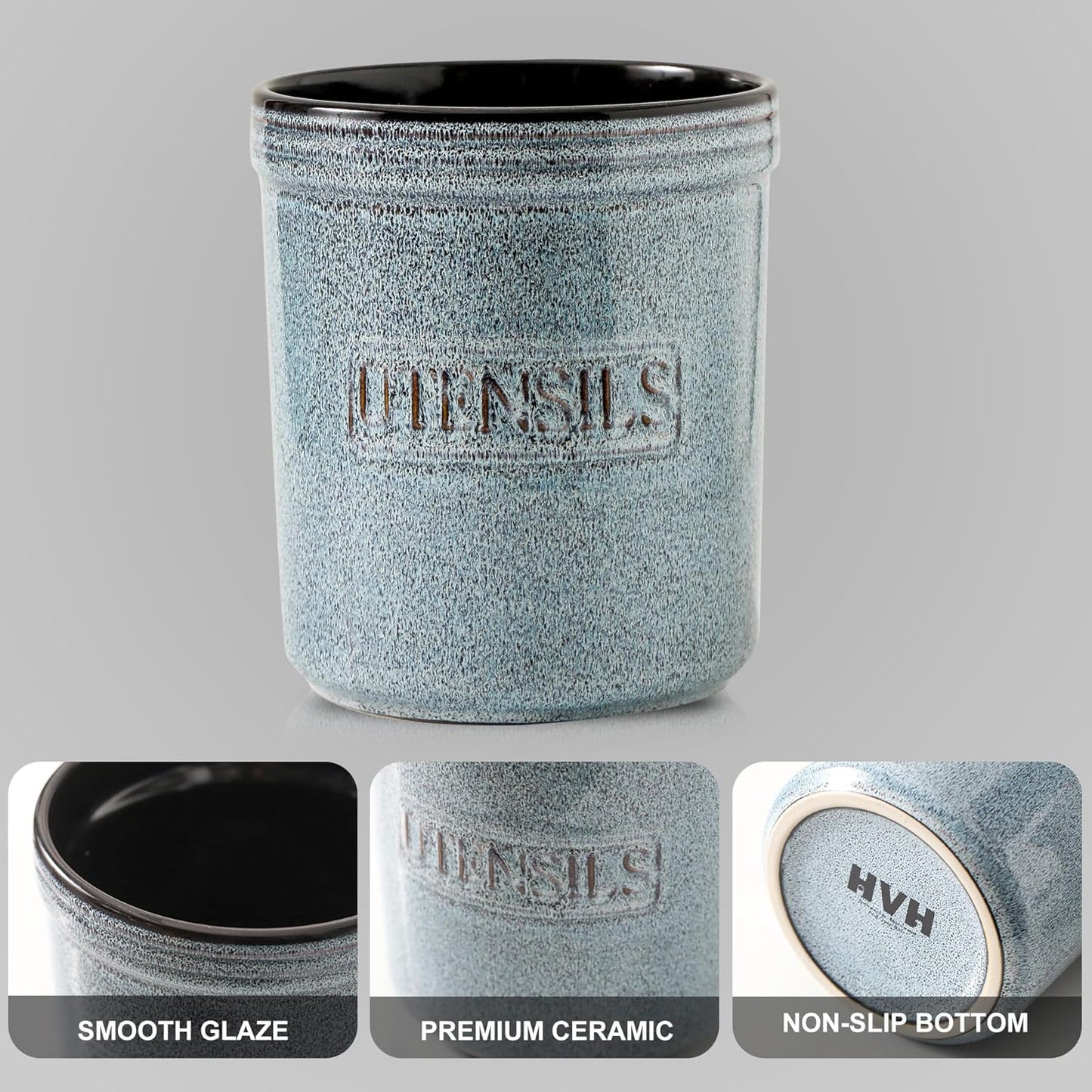 HVH Kitchen Utensil Holder for Countertop, 6 x 7 inch Large Utensil Holder, Ceramic Utensil Crock, Farmhouse Kitchen Décor, Deep and Heavy (Wabi sabi)