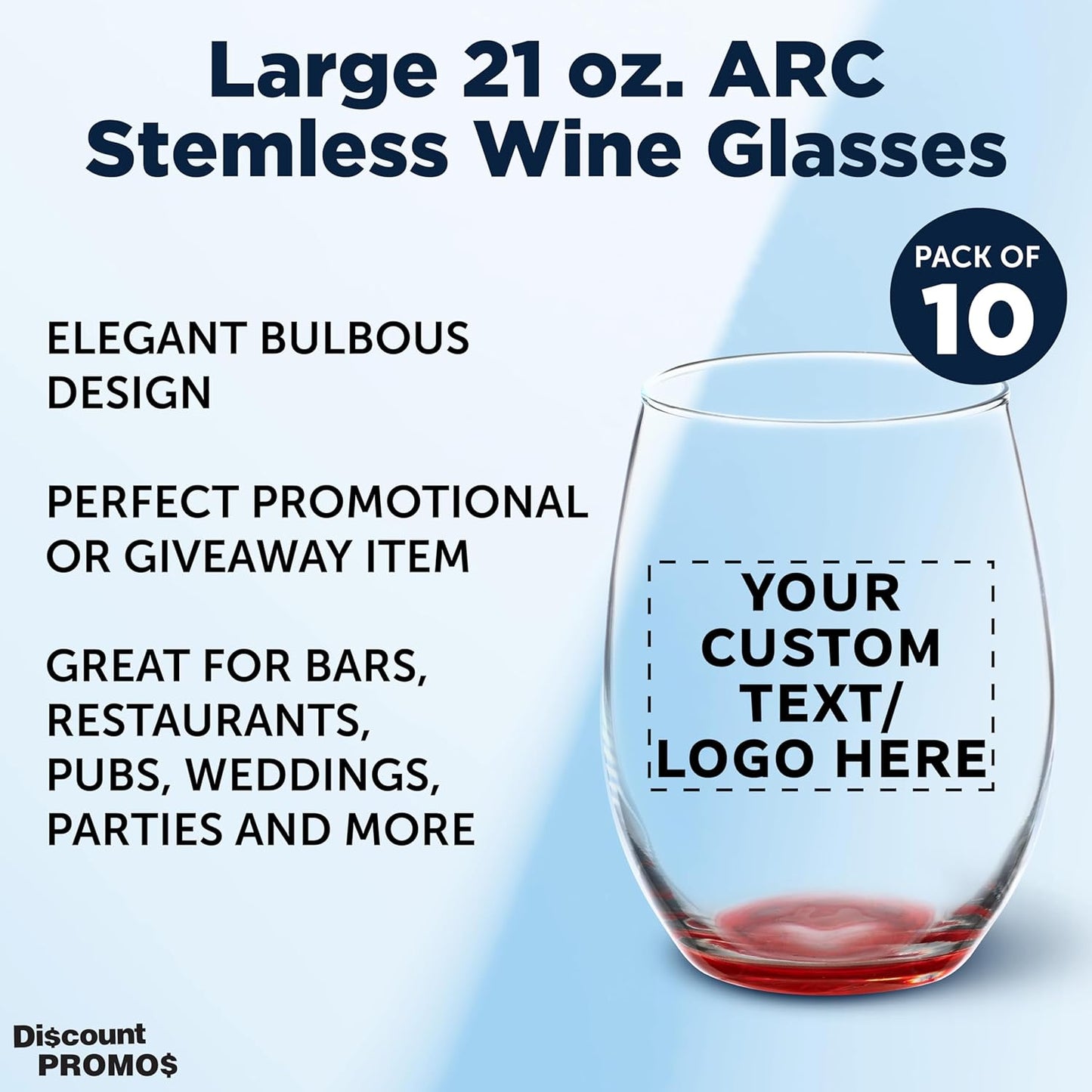 DISCOUNT PROMOS 10 ARC Stemless Wine Glasses Set, 21 oz. - Customizable Text, Logo - Chardonnay, Cabernet, Merlot, Sauvignon - Red