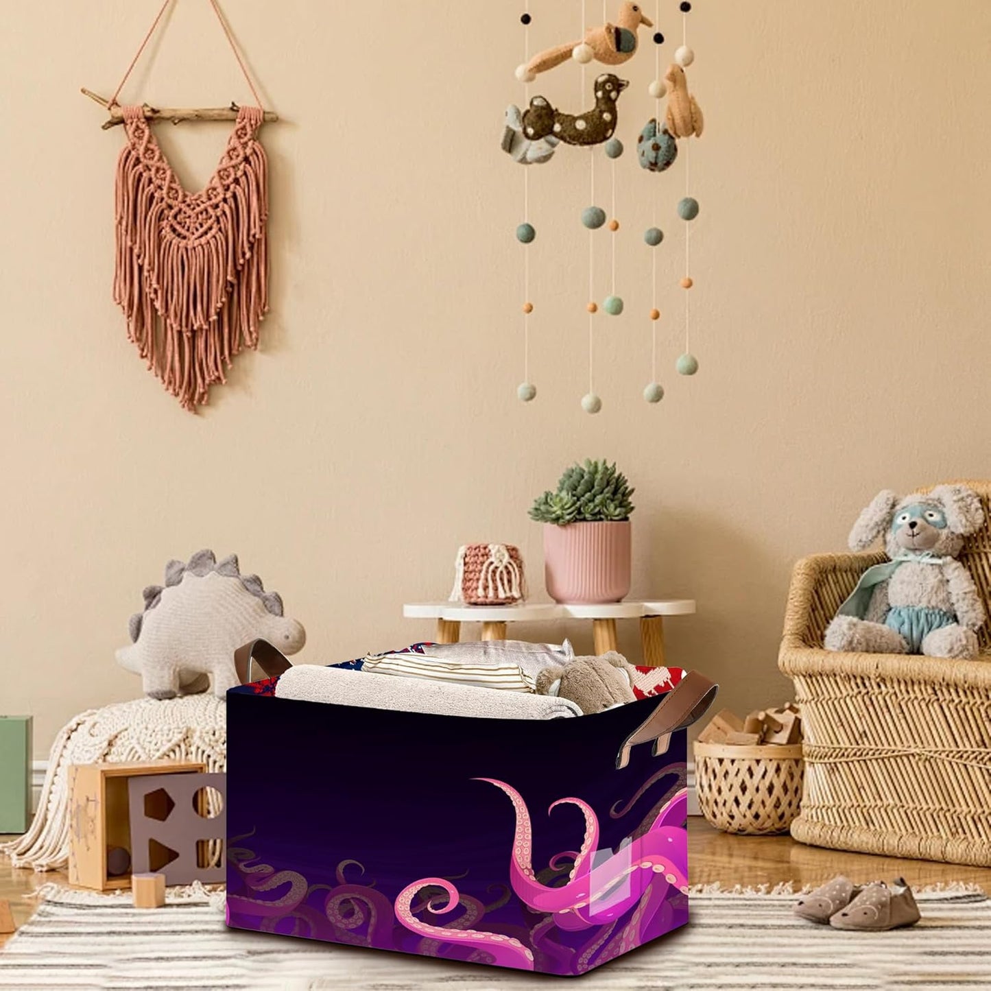 Ocean Life Storage Basket Large 17x11.5x10.5 Inche-Collapsible Fabric Organizer Bin with Handles for Beach House, Kids Room, Marine Theme-Decorative Hamper with Sea Creature Tentacle-Single Pack