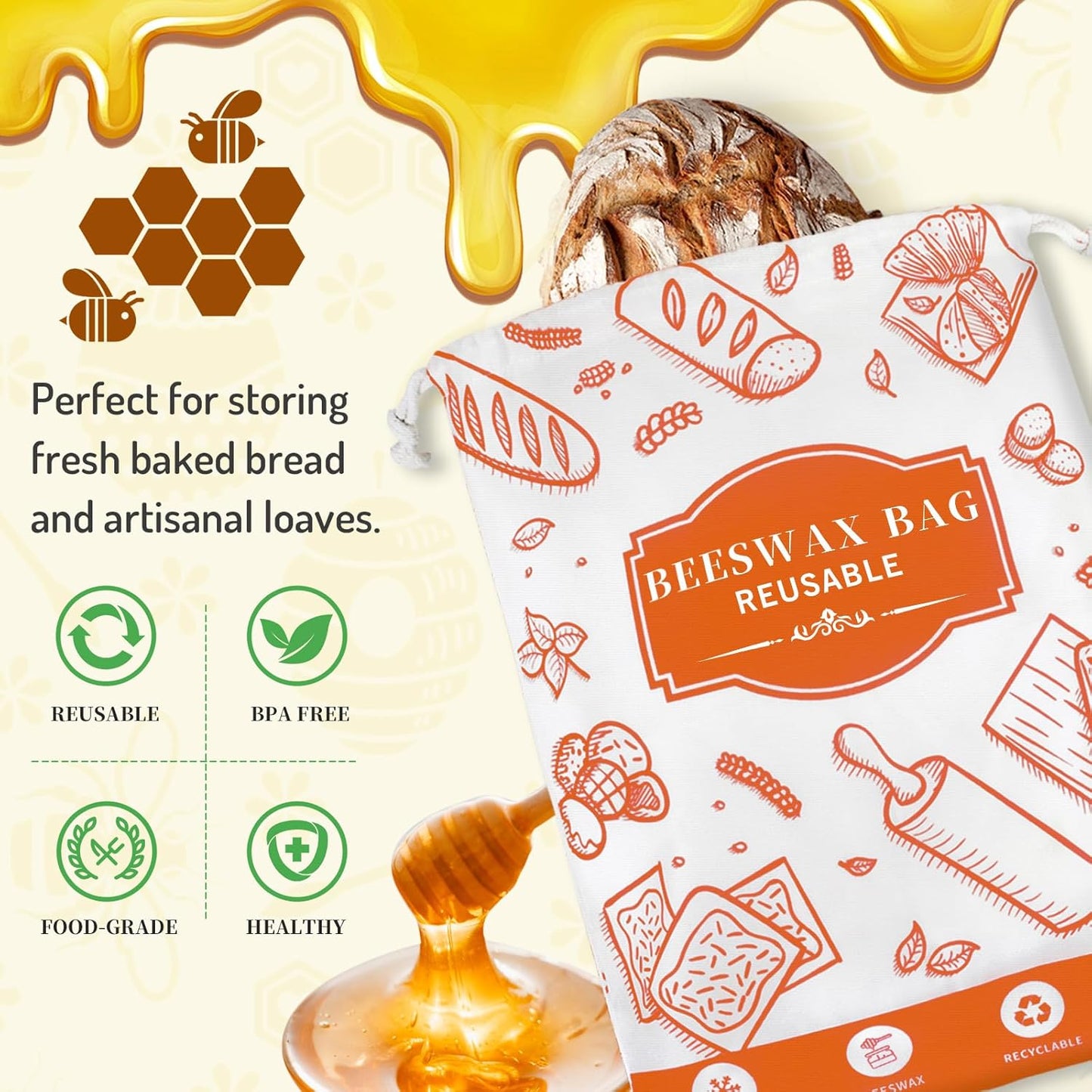 2-Pack Beeswax Bread Bags for Homemade Bread, Orange Reusable Sourdough Storage Bags with Premium Beeswax Coating for Loafs Baguette Fresh Keeping,Great Homesteading Essentials and Baking Gifts.