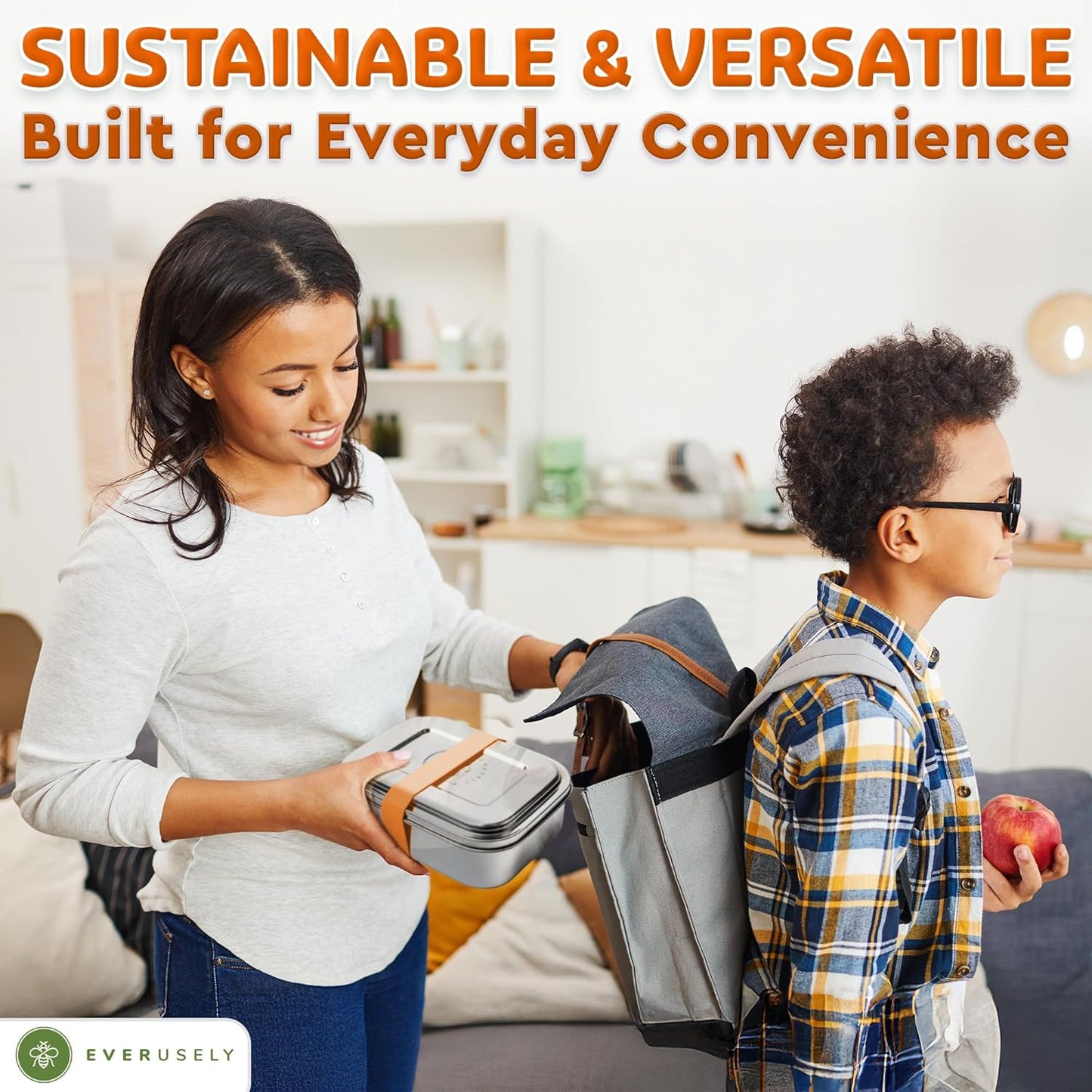 Everusely - Bento Box - Orange, 27oz / 0.8 L - Stainless Steel Lunch Box with Leakproof Condiment Container - 3 Compartment Snack Organizer for On the Go Meals - Freezer & Dishwasher Safe