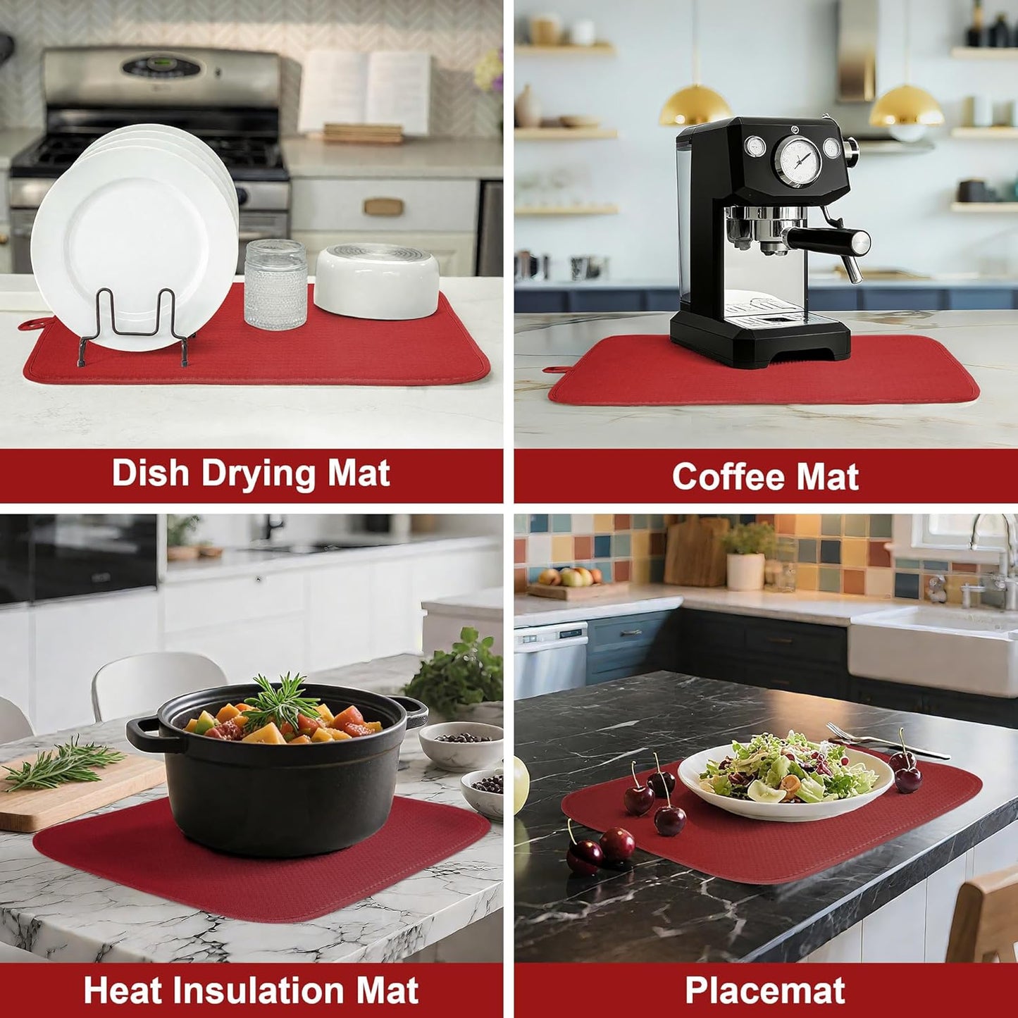 2 Pack Dish Drying Mat for Kitchen Counter, Super Absorbent & Anti-Slip, Machine Washable, 15" x 20" (Red)