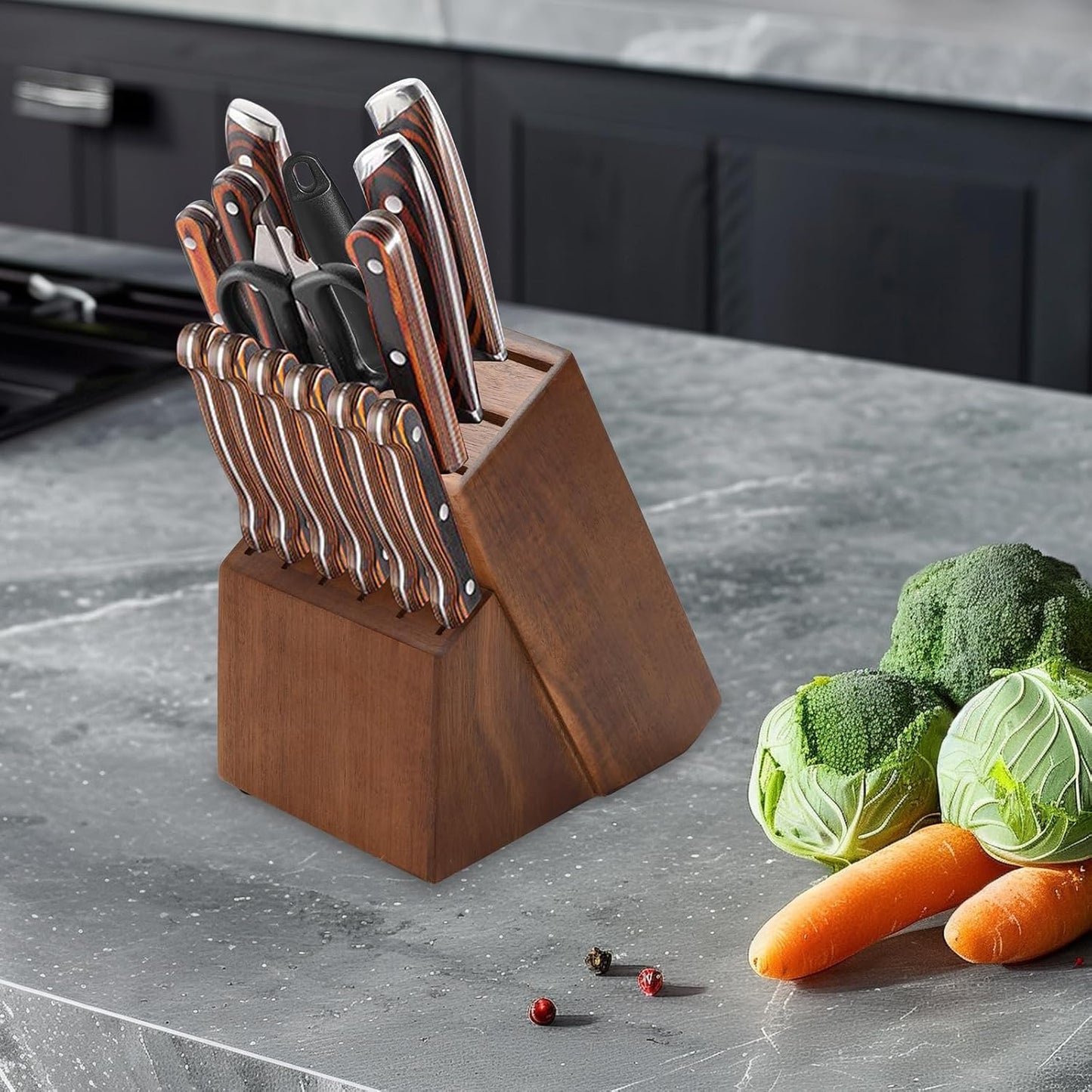 Wood Kitchen Knife Block, Universal Kitchen Knife Holder Kitchen Knife Storage Rack 14 Slots Knife Holder