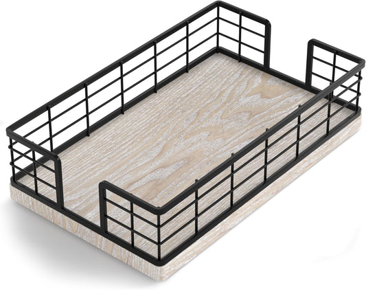 Wican Guest Towel Holder Tray for Bathroom, Ash and Iron Napkins Holder for Powder Room Dinning Table Wooden Basket for Disposable Paper Hand Towels Black and Ash