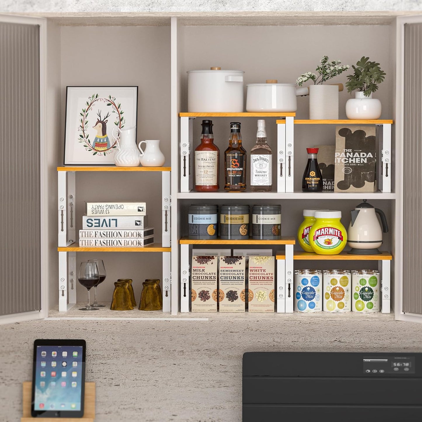 Expandable Kitchen Cabinet Organizer Shelves – Stackable Adjustable Metal and Wood Storage Racks for Countertop, Pantry, Garage Set of 2 Spice Rack – Easy Assembly, Space-Saving(2 Packs/Large/White)