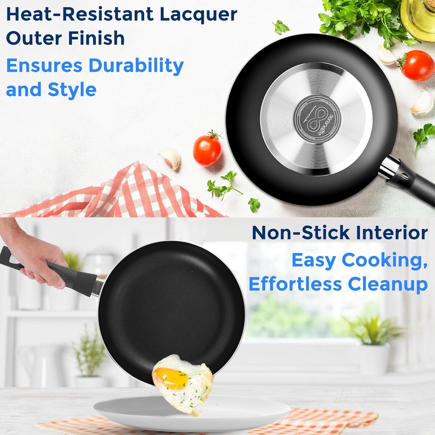 15-Piece Nonstick Kitchen Cookware Set - PTFE/PFOA/PFOS Free Heat Resistant Lacquer Kitchen Ware Pots Pan Set w/Bakelite Handles, Saucepan, Frying Pans, See-through Lid - SereneLife SLCW15BLK (Black)