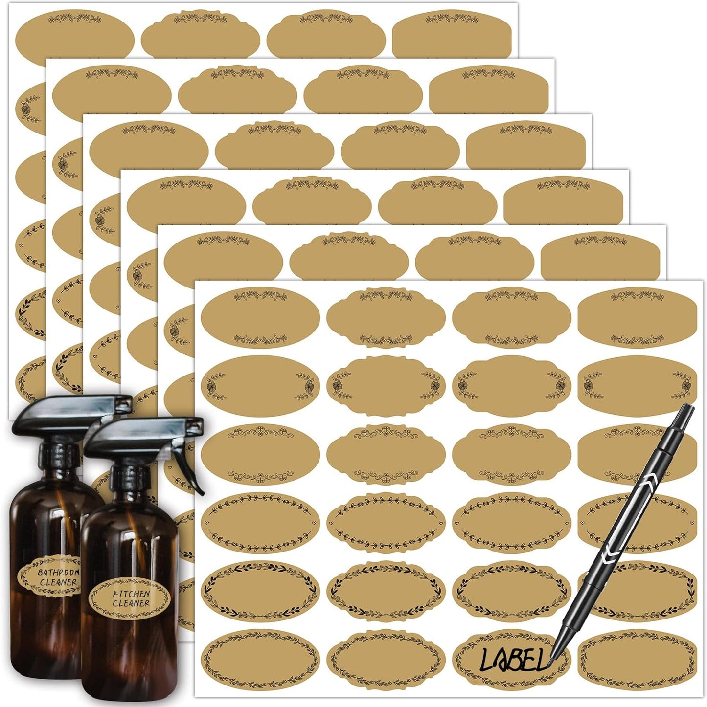 Nardo Visgo Oval Vintage Brown Labels for Bottles, Removable Waterproof Write-on Sticker Labels for Essential Oil Bottles, Christmas Gift Tags, Food Spice Jars or Handmade Jam,Free Black Marker,144pcs