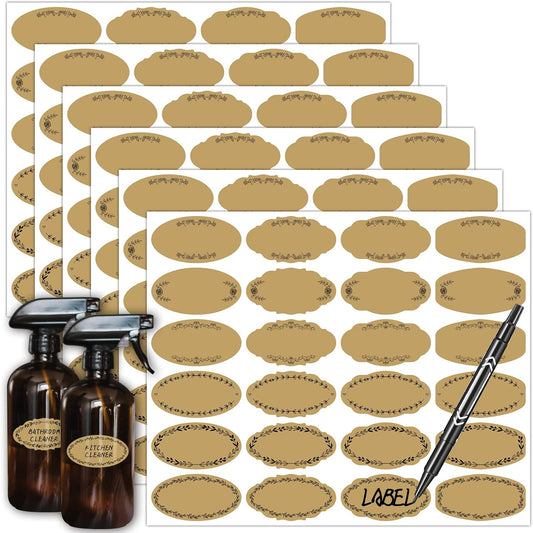 Nardo Visgo Oval Vintage Brown Labels for Bottles, Removable Waterproof Write-on Sticker Labels for Essential Oil Bottles, Christmas Gift Tags, Food Spice Jars or Handmade Jam,Free Black Marker,144pcs