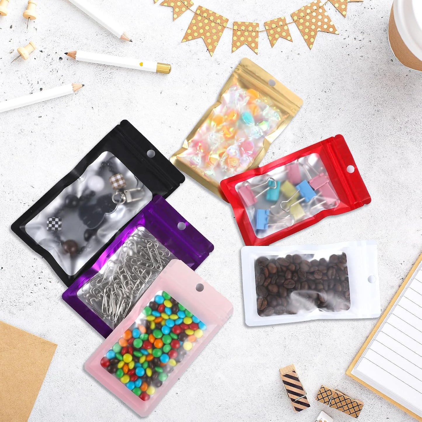 200 Pack Resealable Mylar Holographic Bags Food Storage Smell Proof Bags with Front Window Foil Packaging Pouch for Candy Sample Jewelry Small Business 3.54×6.29 Inch, White