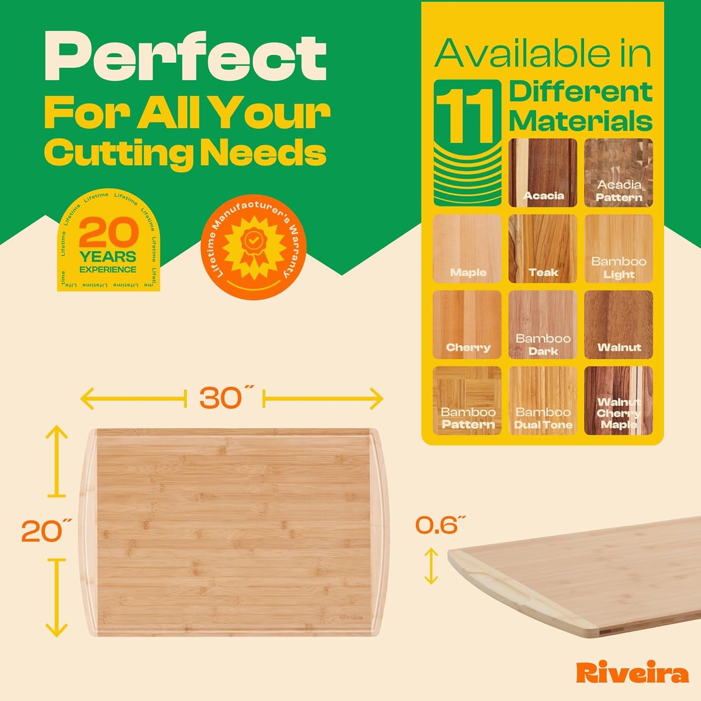 Riveira Two Tone Bamboo Wood Cutting Board – Gourmet Bamboo Grandeur: 20 x 30 Wooden Cutting Board – Wooden Cutting Boards For Kitchen Decorative – Innovative Juice Grooves Wooden Chopping Board