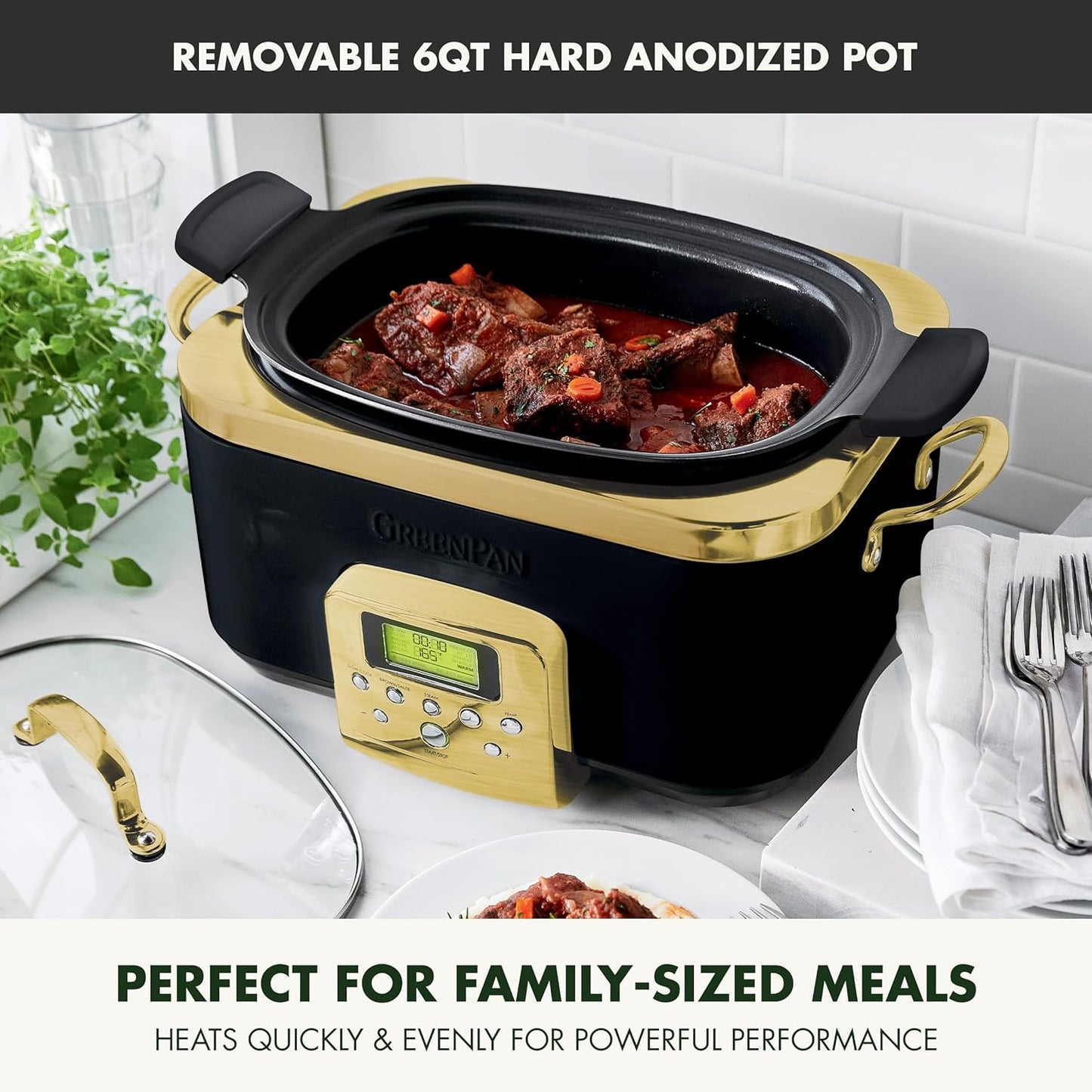GreenPan Elite 8-in-1 Programmable 6QT Electric Slow Cooker, Dishwasher Safe Lid & Removable Crock, PFAS-Free Healthy Ceramic Nonstick Multi-Cooker, Sear, Sauté, Brown, Steam Basket, Roast, Gold