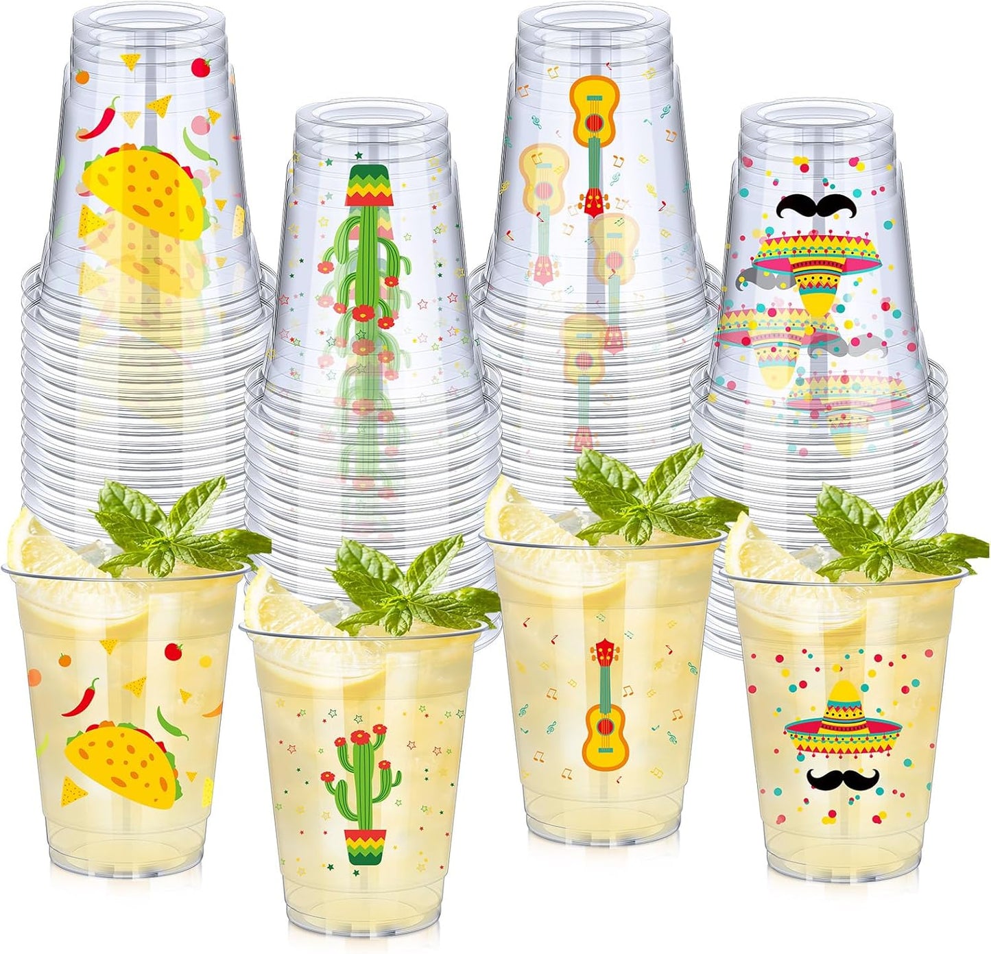 meekoo 50 Pack 12 oz Fiesta Cups Plastic Mexican Cups Clear Disposable Mug Cinco De Mayo Party Decorations for Fiesta Taco Birthday Party Drinkware Supplies, 4 Styles