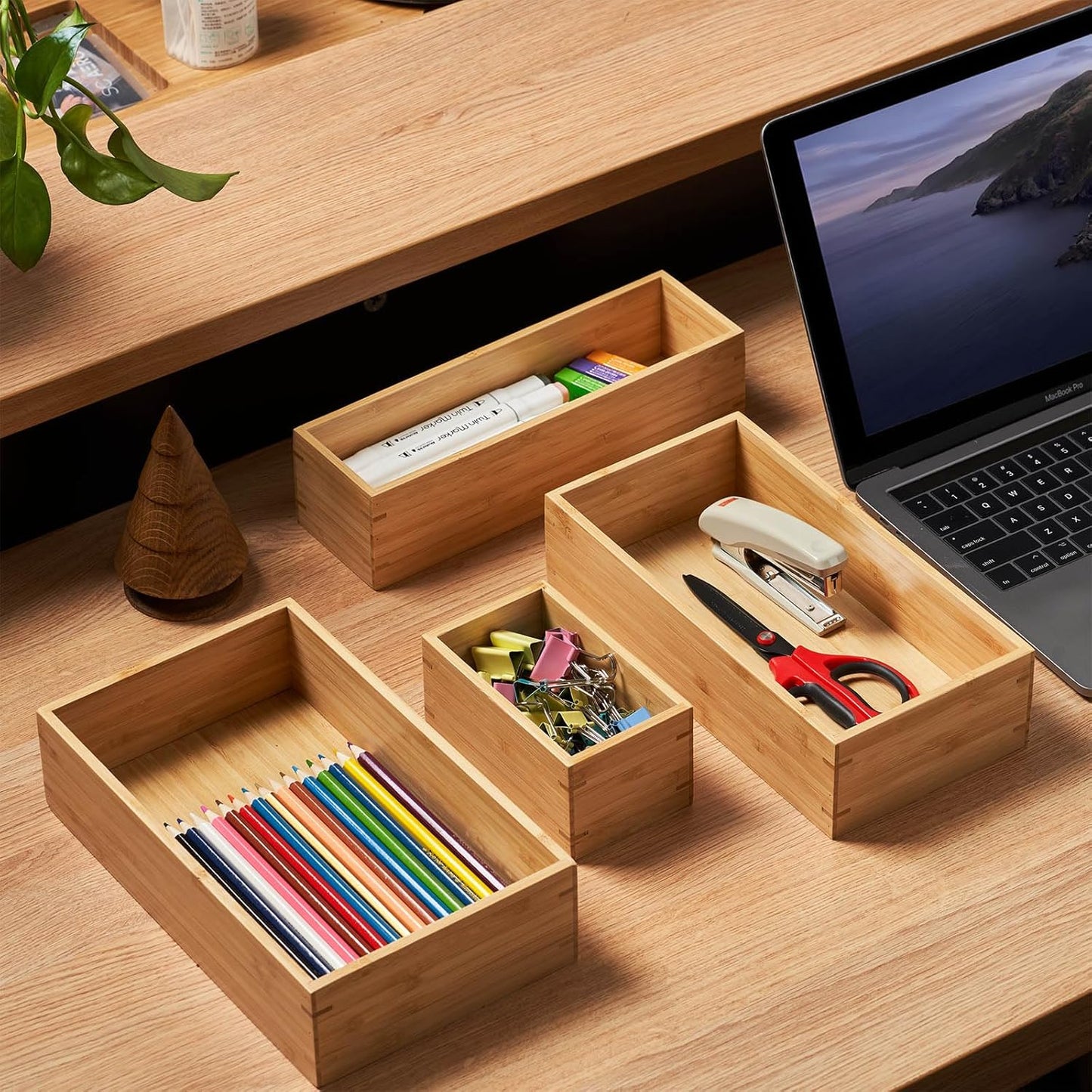 Umilife Bamboo Kitchen Utensils Organizer, Extra High Silverware Drawer Holder, Flatware Cutlery Storage Box, Multi-Use Drawer Divider in Office, Bathroom, Pantry - 12"x6"x2.5" (Set of 2)