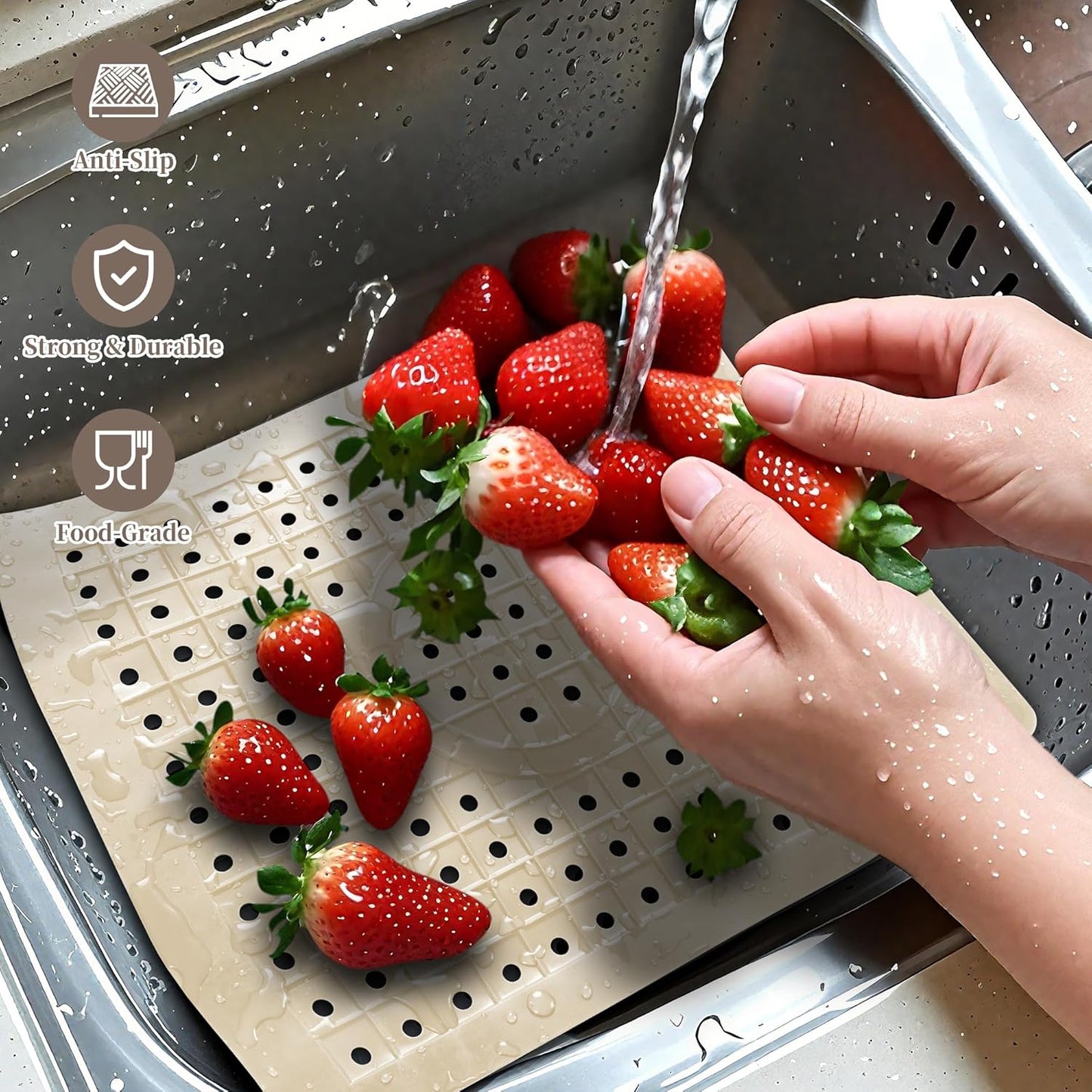 WILLKOMMEN Kitchen Sink Mat, 12" x 10" Rectangular Sink Protector Pad, Fast-Draining Grid Design Liner, Dish Drying Mat 2 Pack Beige