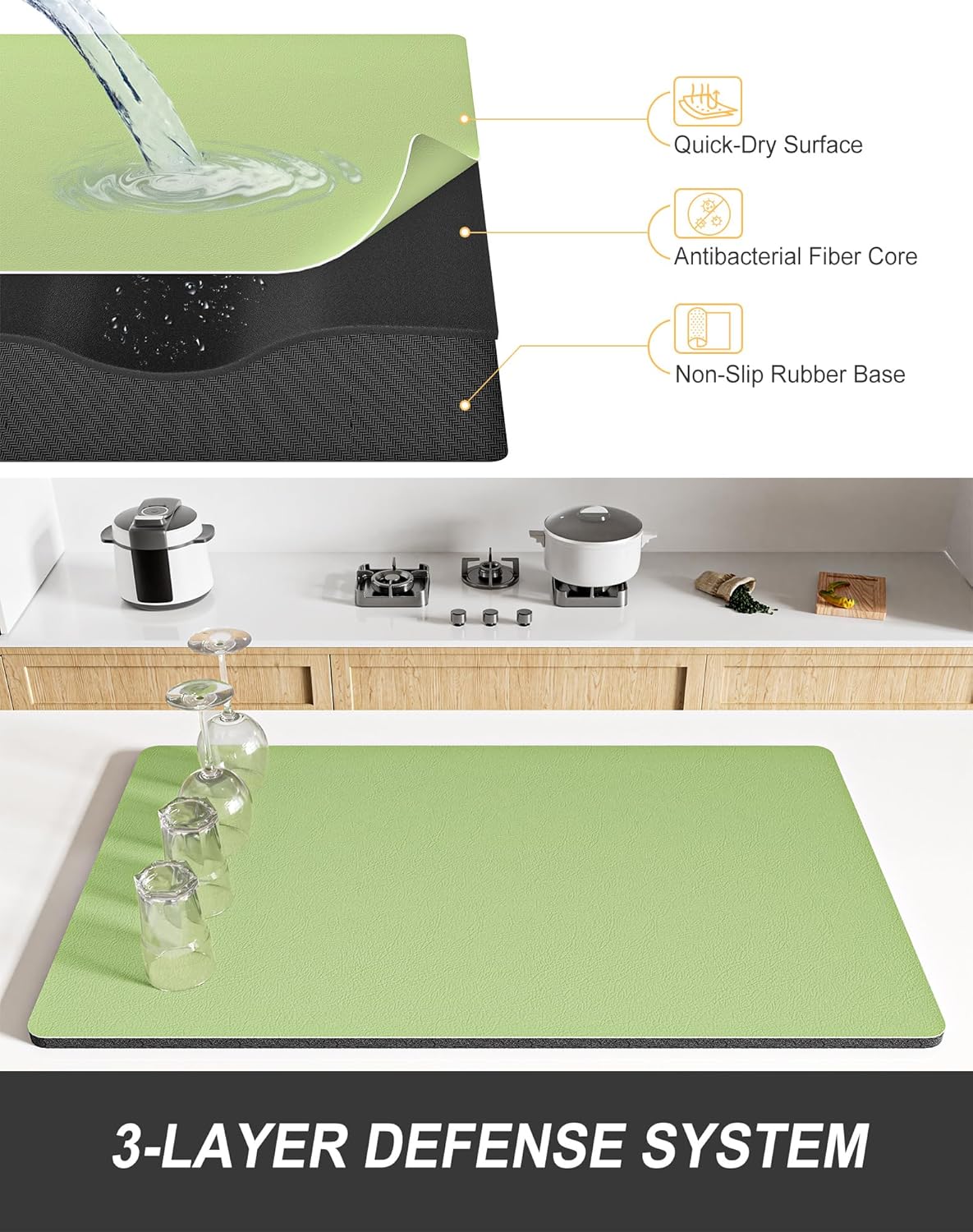 Rnivvi Dish Drying Mat for Kitchen Counter, XL 15 x 24" Super Absorbent Drainer Pad Easy Clean Dish Rack Pad, Non-Slip Heat Resistant Coffee Bar Mat for Coffee Machine Station Accessories Decor, Green