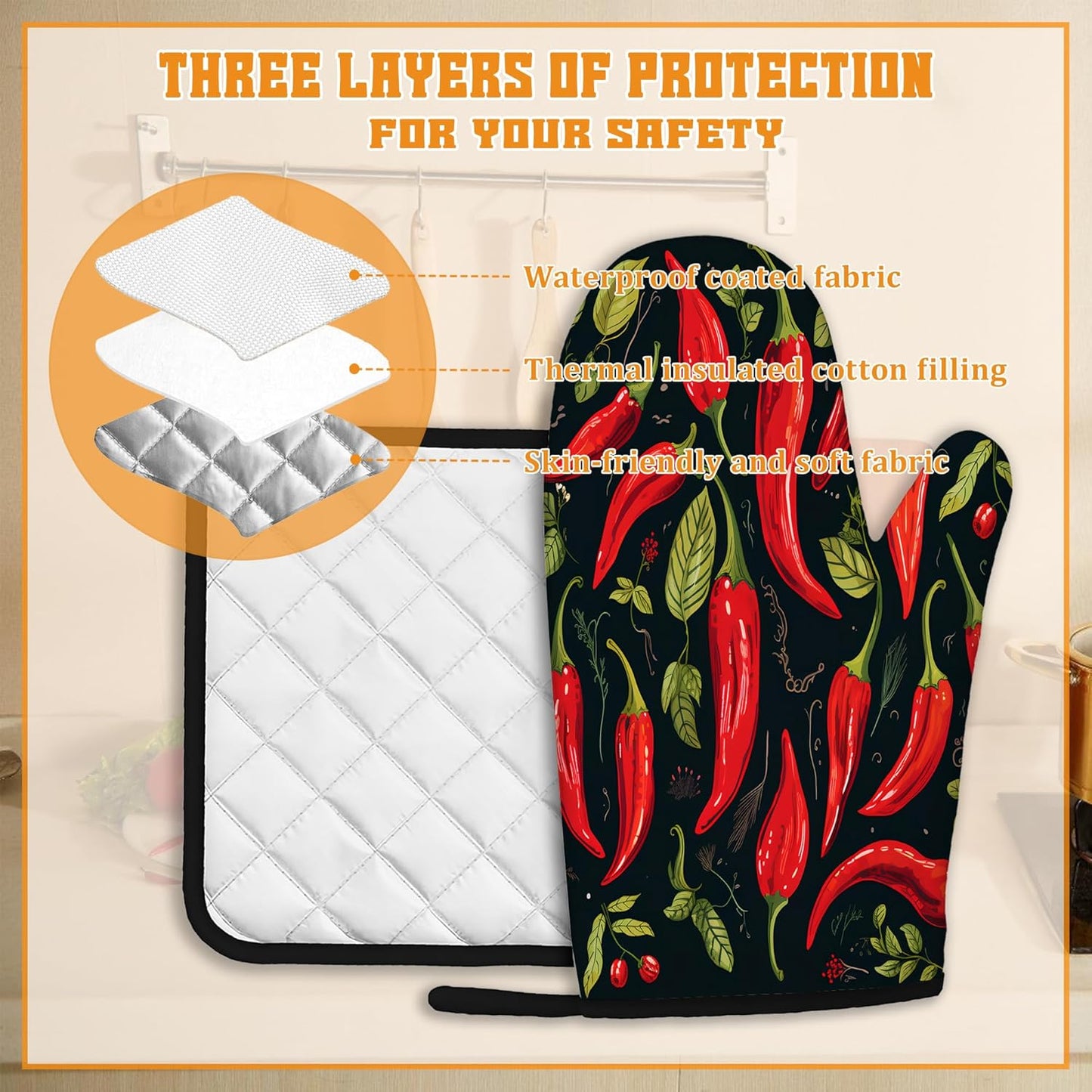 Red Pepper Oven Mitts and Pot Holders Set,Kitchen Oven Gloves and Pot Holder with Heat Resistant Non Slip for Cooking Baking Grilling(4 Piece Set)