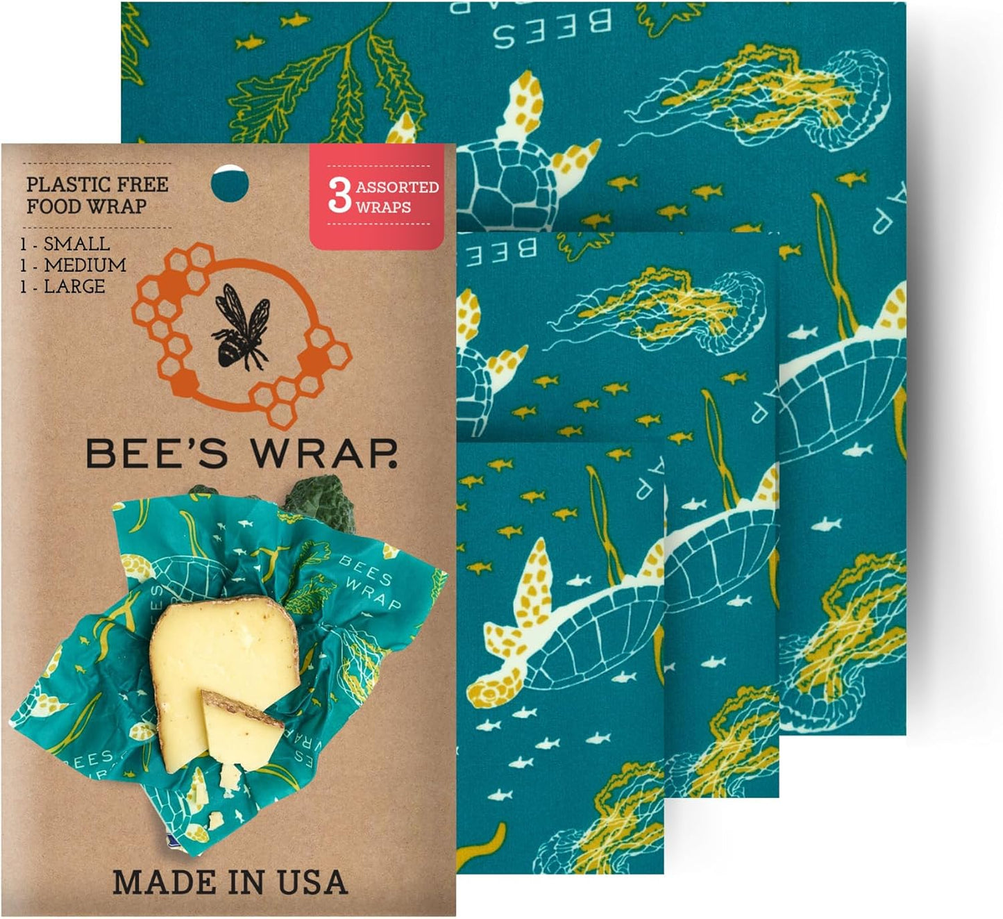 Bee's Wrap Beeswax Wraps for Food - Ocean 3 Pack (S, M, L) Made in USA Reusable & Organic Food Wraps, Sandwich Wrap & Bowl Covers - Eco-Friendly Alternative to Aluminum Foil & Plastic Wrap