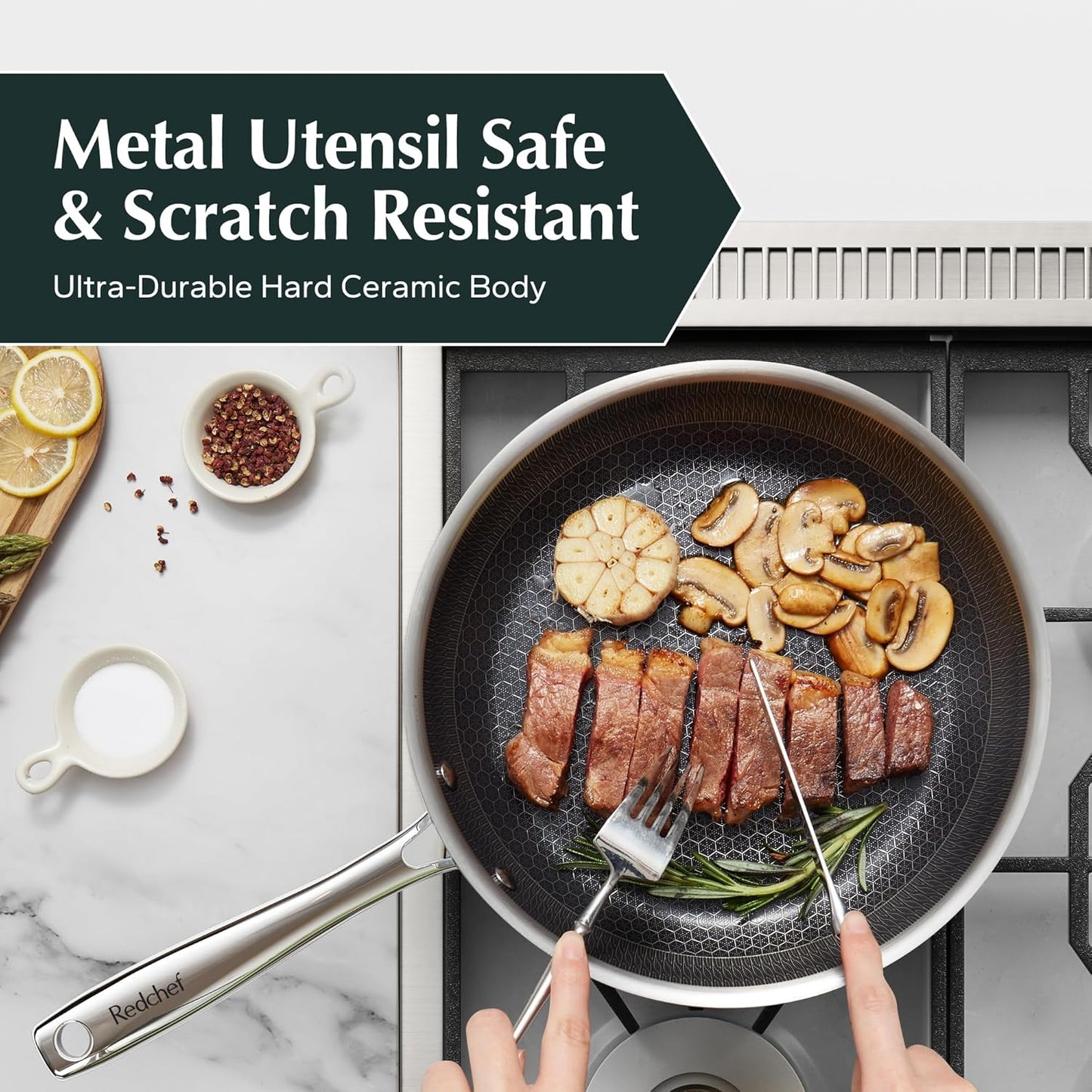 Redchef Non Stick Frying Pans, Hybrid Ceramic Frying Pan, Nonstick Skillet with Stay-Cool Handle, Non Toxic, PFAS PFOA & PTFE Free, Dishwasher & Oven Safe, Compatible All Cooktops (Black, 12 inch)