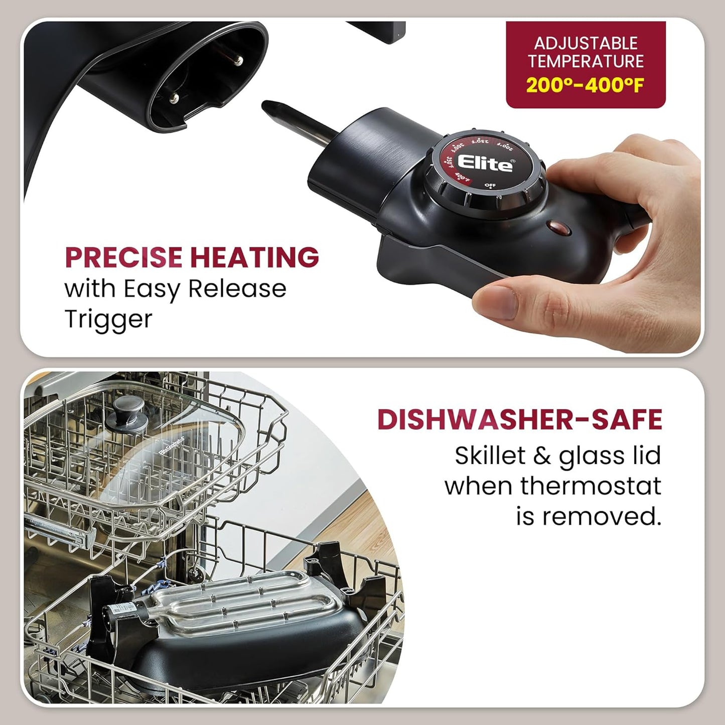 Elite Gourmet EG6203 Extra Deep 16"x13"x3.2" (10.5Qt.) Scratch Resistant, Easy Pour Spout, Dishwasher Safe, Non-stick Electric Skillet with Vented Glass Lid, Adjustable Temperature, Black