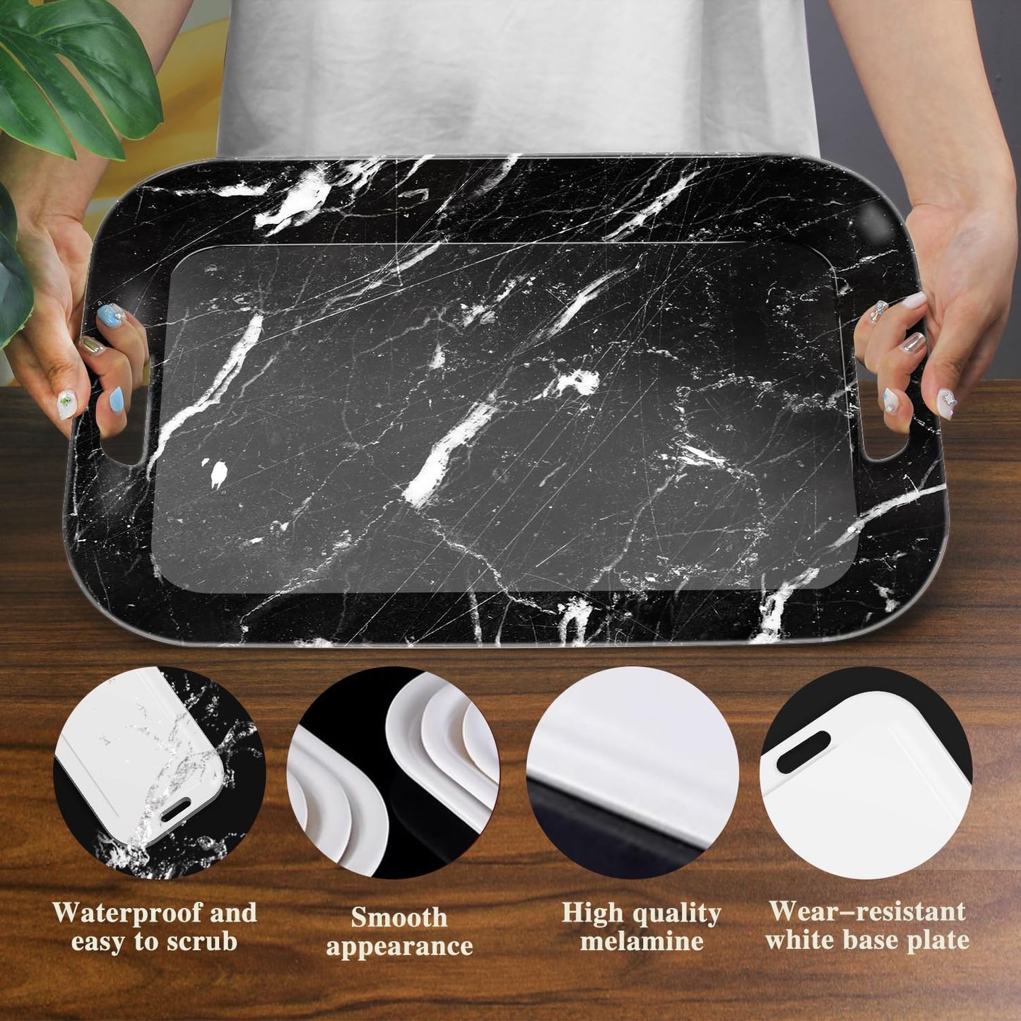 Serving Trays with Handles, 14.5 x 9.8 inch Rectangular Plastic Tray for Restaurant, Kitchen, Black Marble