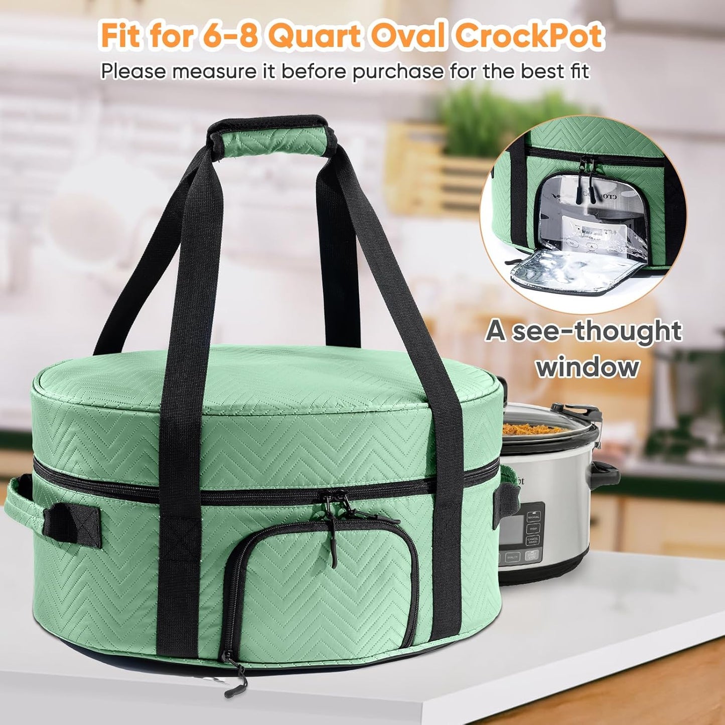 Insulated Slow Cooker Carrying Bag for 6-8 Quart CrockPot and Hamilton Beach Slow Cooker with See-thought Window, Portable Carrier Case with Adjustable Band and Accessory Pocket