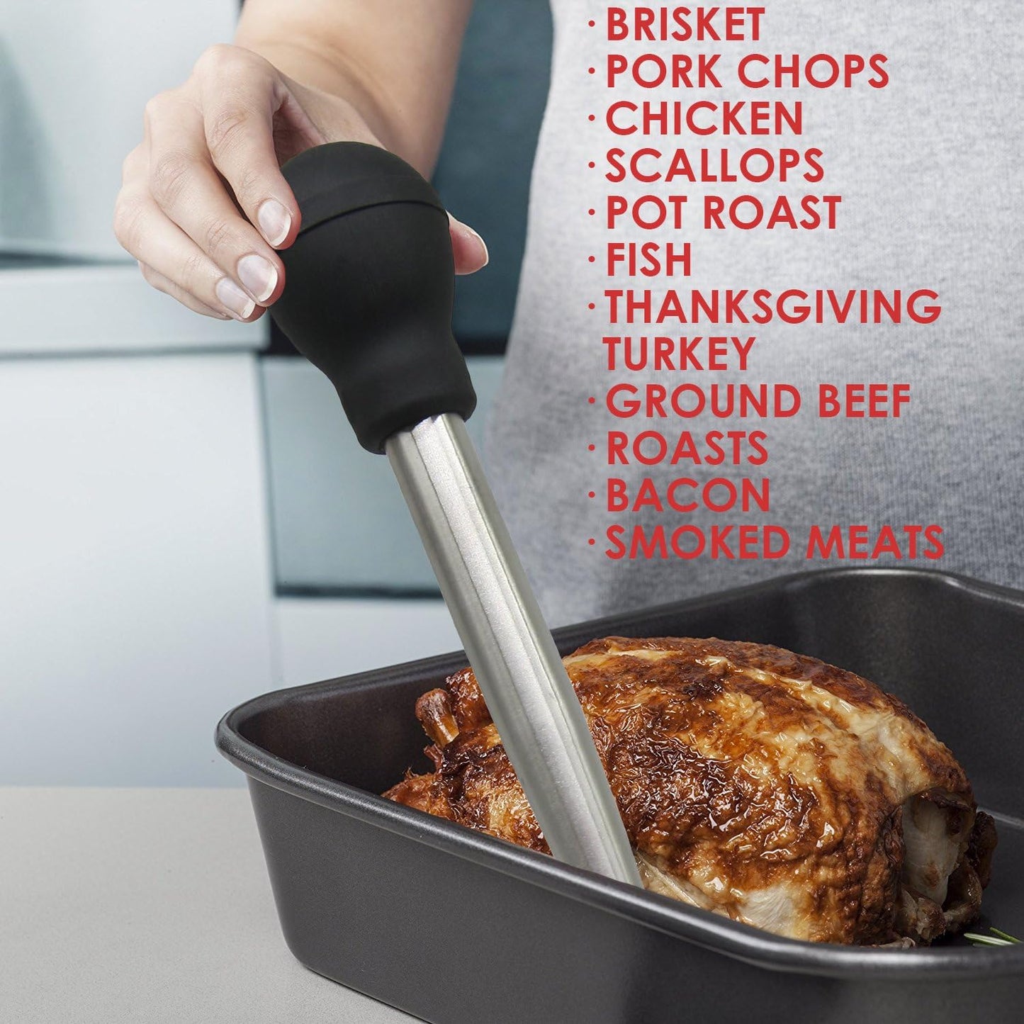 Best Utensils Stainless Steel Turkey Baster Commercial Grade Quality Rubber Bulb Including 2 Marinade Injector Needles And Silicone Basting Brush