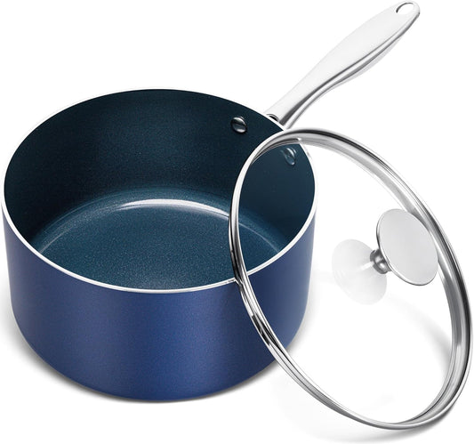 MICHELANGELO 3 Quart Saucepan with Lid, Nonstick Ceramic Sauce Pan with Stainless Steel Handle, 3 Qt Saucepan with Lid Induction Compatible, Oven Safe, Blue