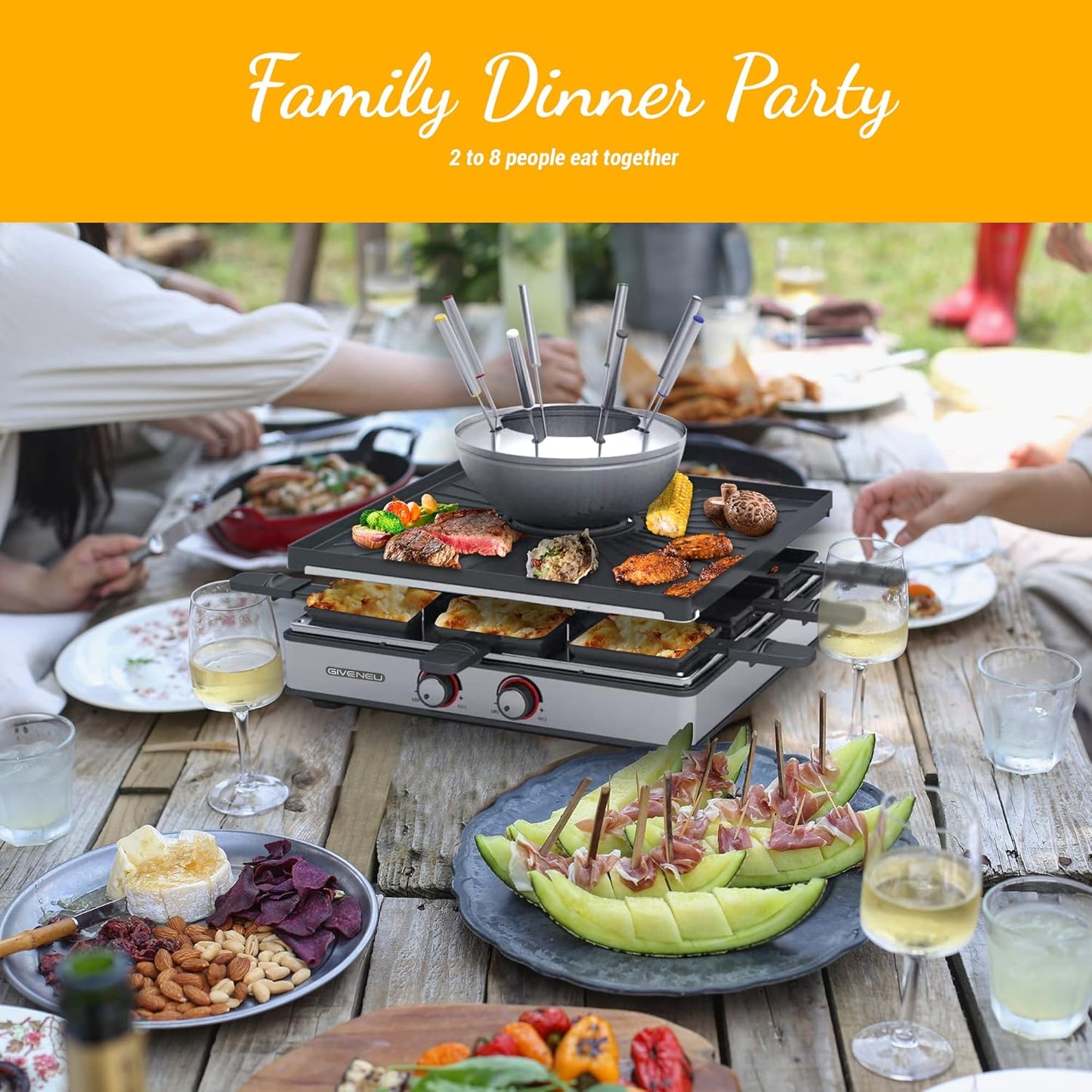 Electric Fondue Pot Set, 600ML Fondue Pot with Grill Plate, 8 Color-Coded Forks, 8 Non-Stick Pans, Dual Thermostat Fondue Grill Combo for Chocolate, Cheese, Grilling