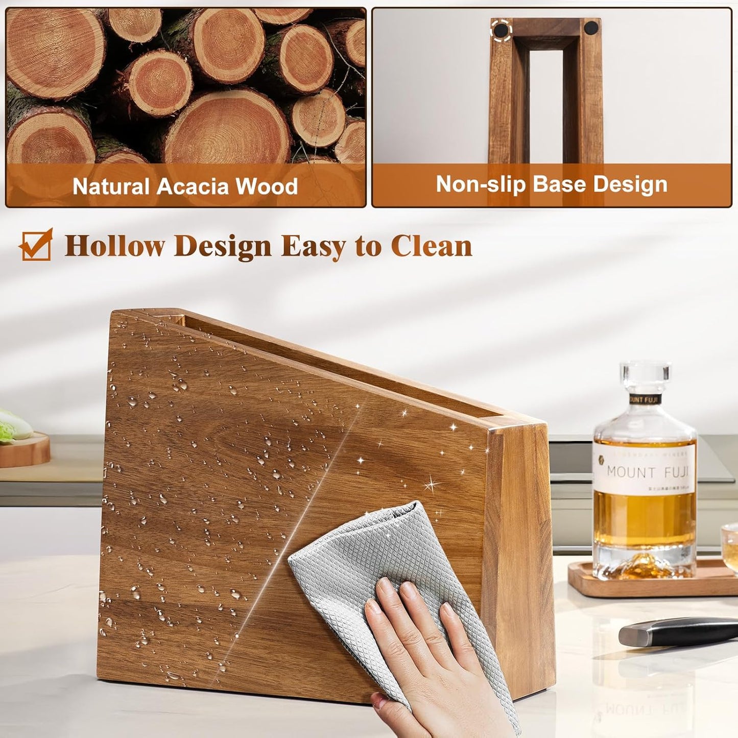 XXXL Magnetic Knife Block 11.8x10 inches, 4-Side Universal Knife Holder Builted in Powerful Magnet, Natural Acacia Wood Knife Storage Organizer for Kitchen Display