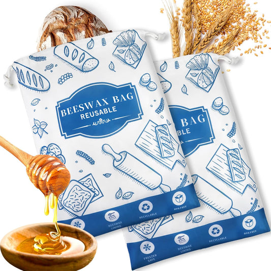 2-Pack Beeswax Bread Bags for Homemade Bread，Reusable Sourdough Storage Bags with Premium Beeswax Coating for Loafs Baguette Fresh Keeping,Great Baking Essentials and Gifts for Families & Friends.