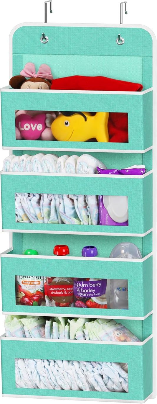 Simple Houseware 4 Clear Window Pocket Over Closet Door Storage Hanging Organizer for Bedroom, Bathroom, Pantry, Turquoise