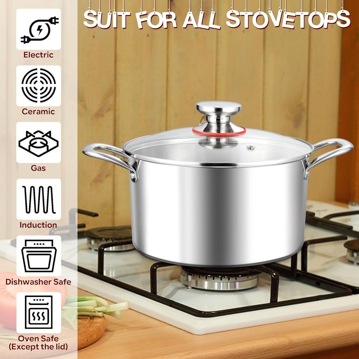 E-far 5 Quart Stock Pot with Lid, 18/10 Tri-ply Stainless Steel Stockpot for Induction Ceramic Gas Stoves, Heavy Duty Cooking Pot for Pasta Soup Stewing Simmering, Oven and Dishwasher Safe