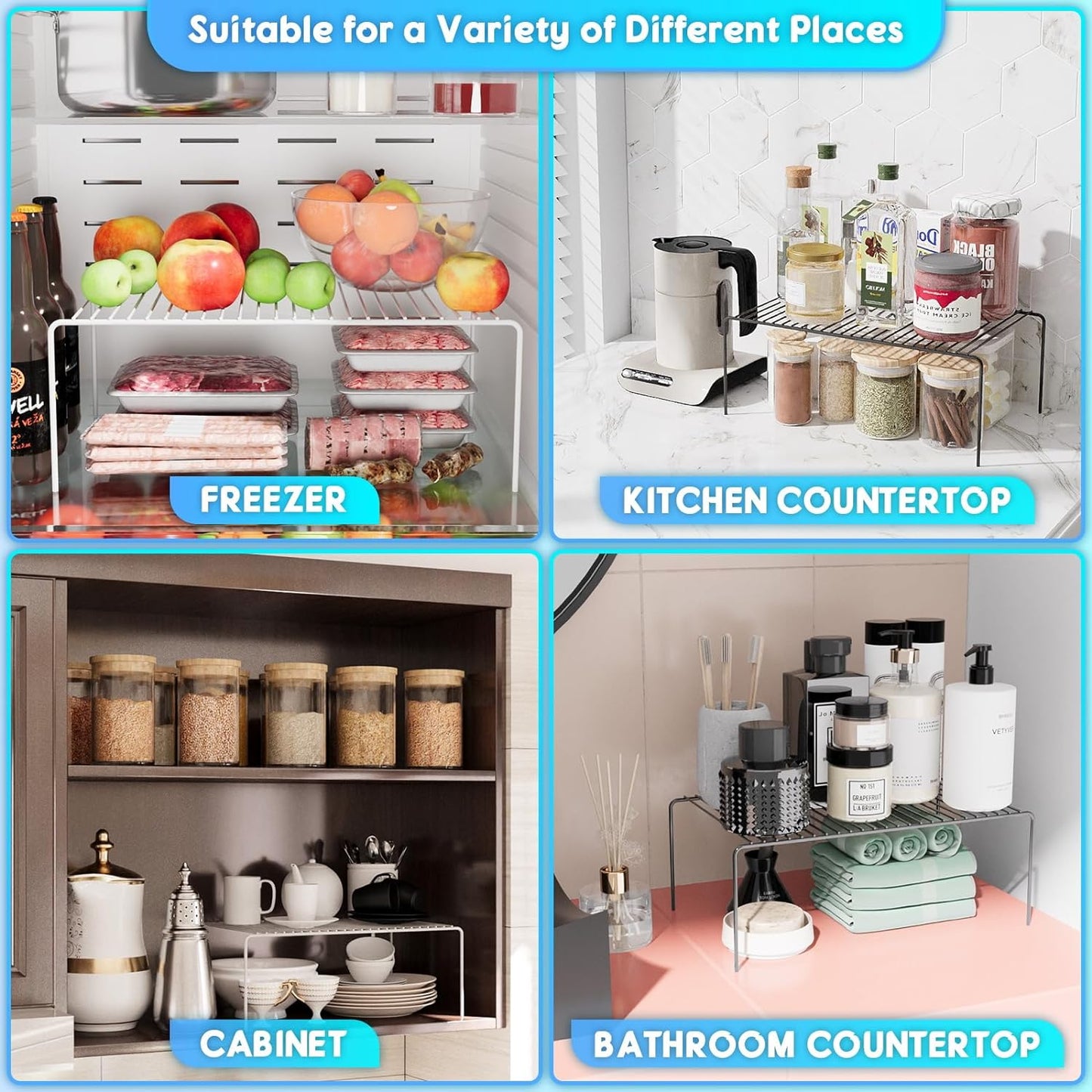 Medium(13 x 9.4 inch)Black Cabinet Storage Shelf Rack Set of 4, Rustproof Metal Wire Kitchen Counter Organizers and Storage, Spice Organization for Cabinet, Plate, Dish, Pantry, Bathroom, Fridge